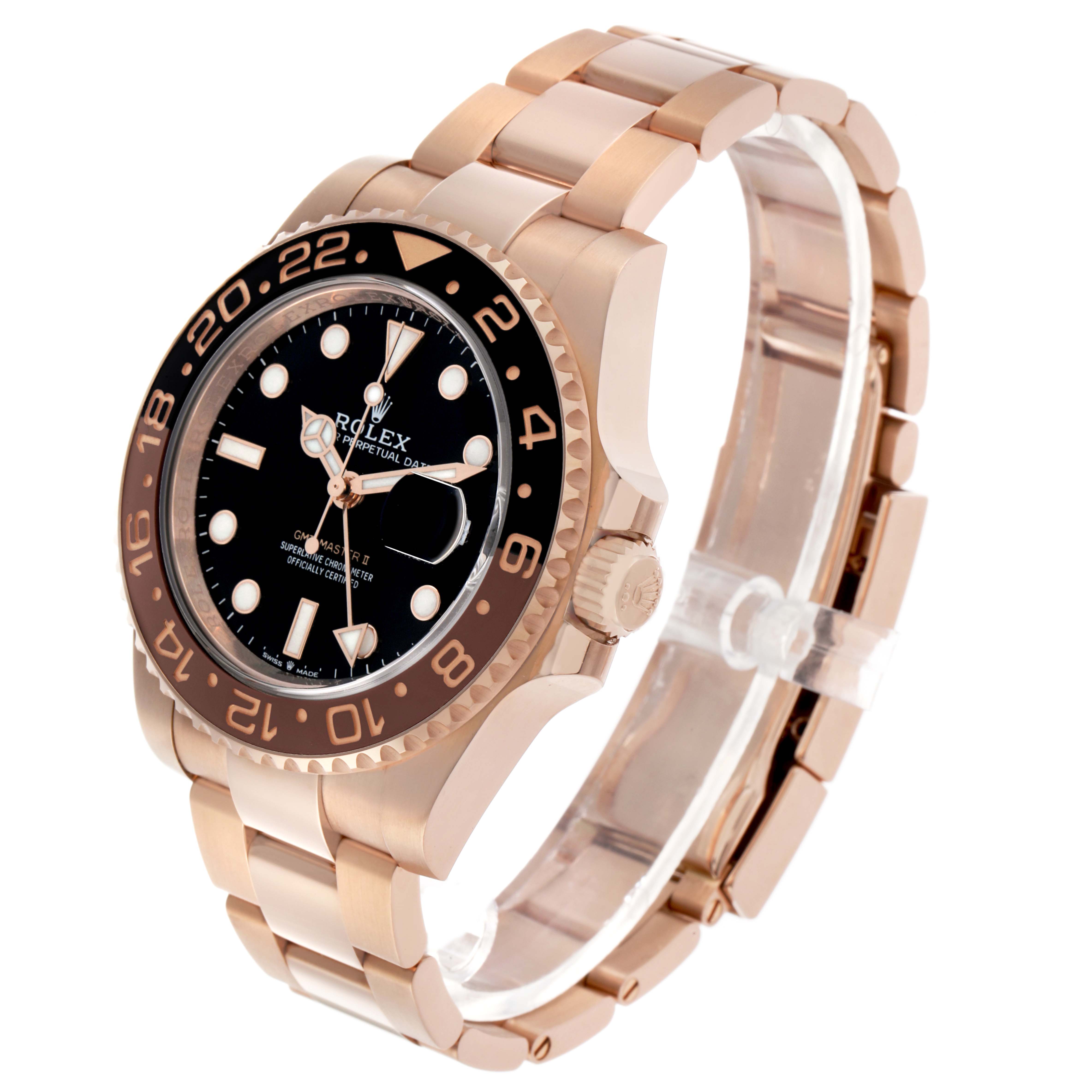 The Rolex GMT-Master 126715 Men's Rose Gold Black Dial watch is shown at a three-quarter angle, highlighting the face, bezel, and bracelet.
