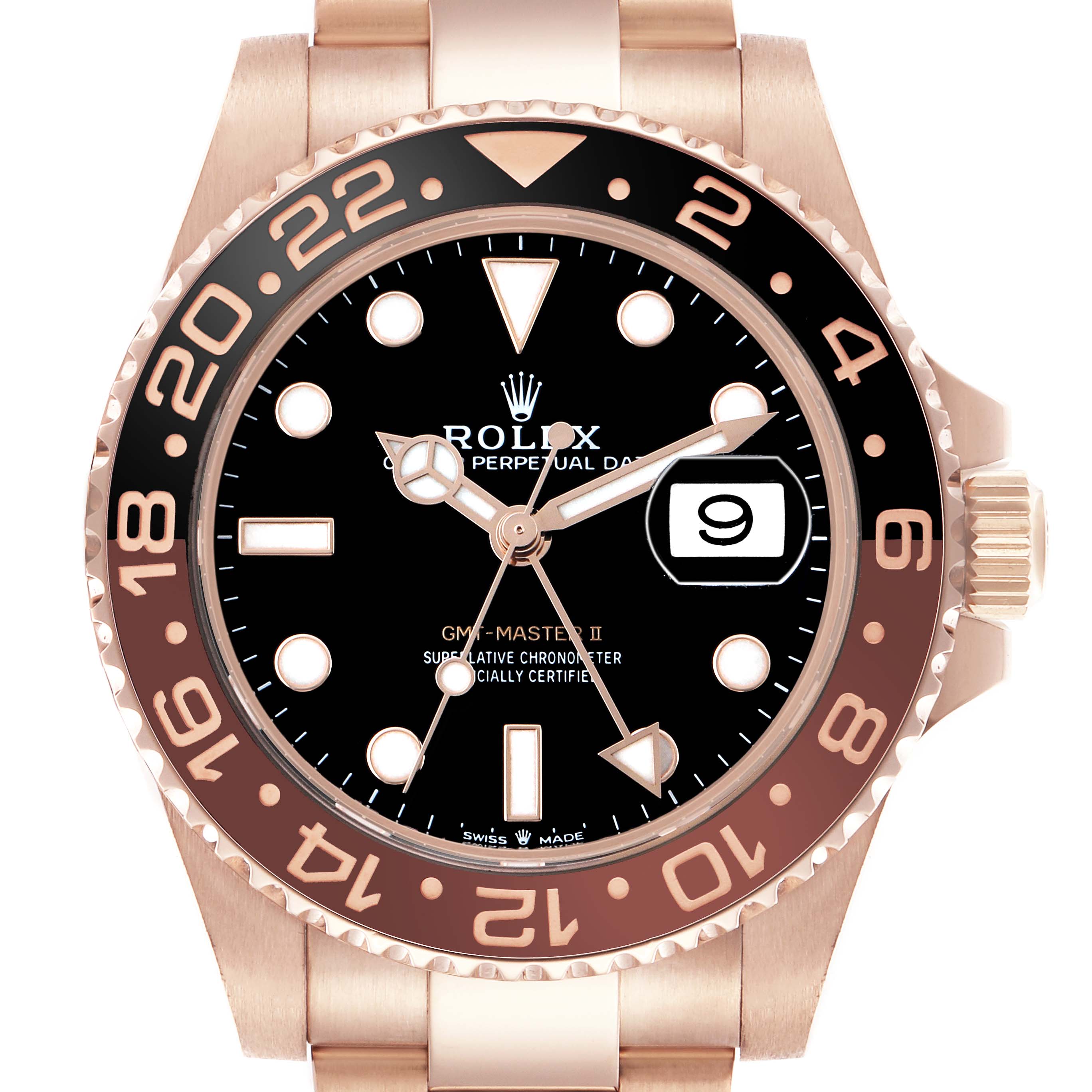 The Rolex GMT-Master 126715 Men's Rose Gold Black Dial II is shown from the front, displaying the dial, bezel, crown, and part of the bracelet.