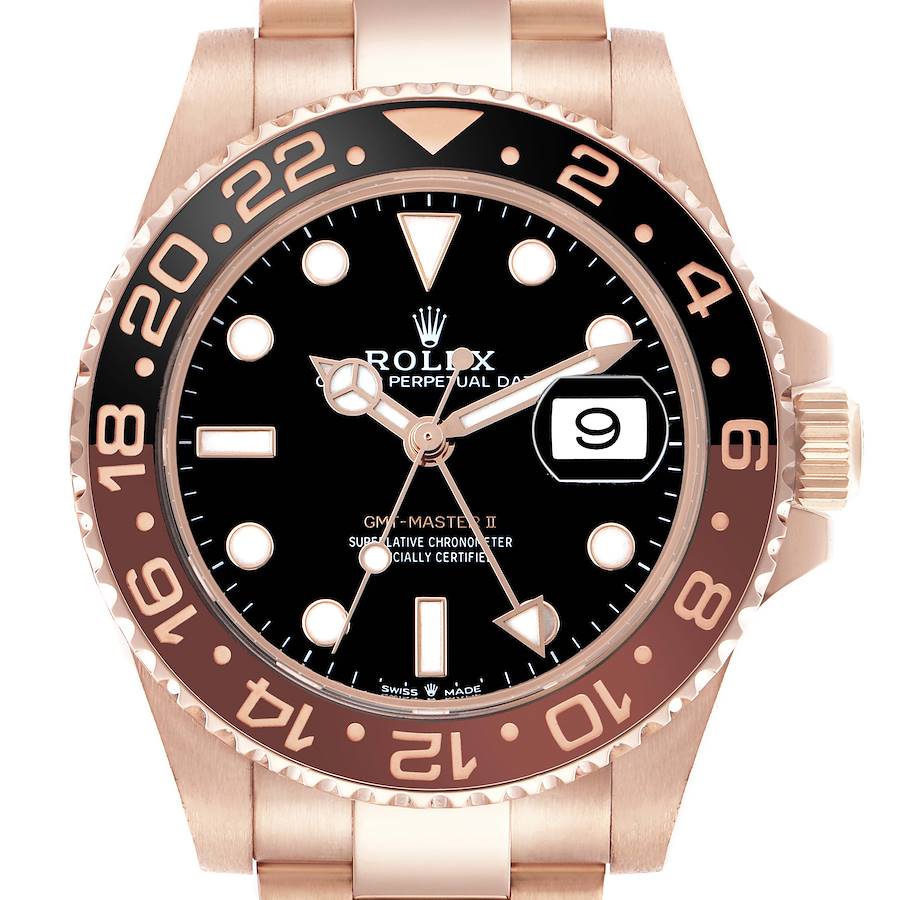 The Rolex GMT-Master 126715 Men's Rose Gold Black Dial II is shown from the front, displaying the dial, bezel, crown, and part of the bracelet.