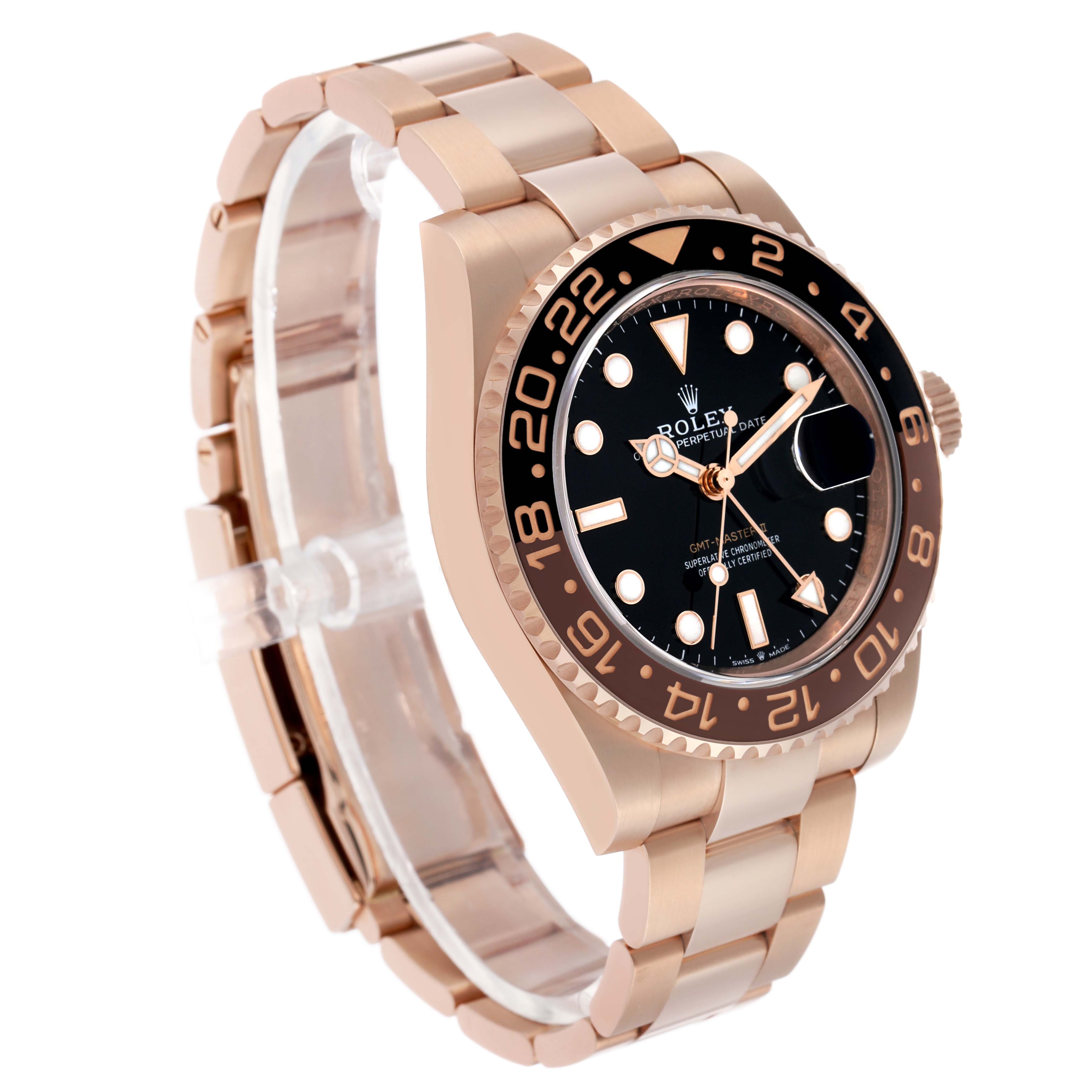 The Rolex GMT-Master 126715 Men's Rose Gold Black Dial watch is shown at a three-quarter angle, highlighting the bezel, dial, crown, and bracelet.