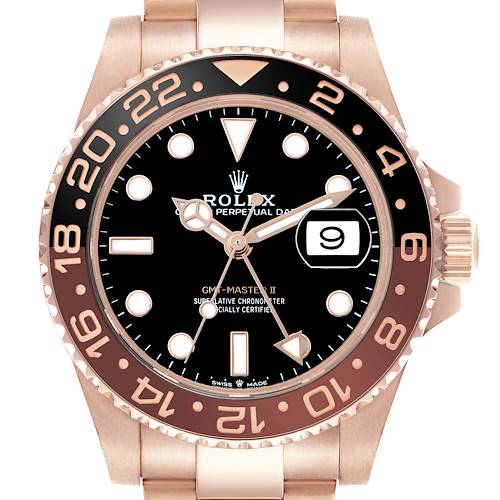 The image shows a front view of the Rolex GMT-Master 126715 Men's Rose Gold Black Dial II, highlighting the bezel, dial, hands, and date window.