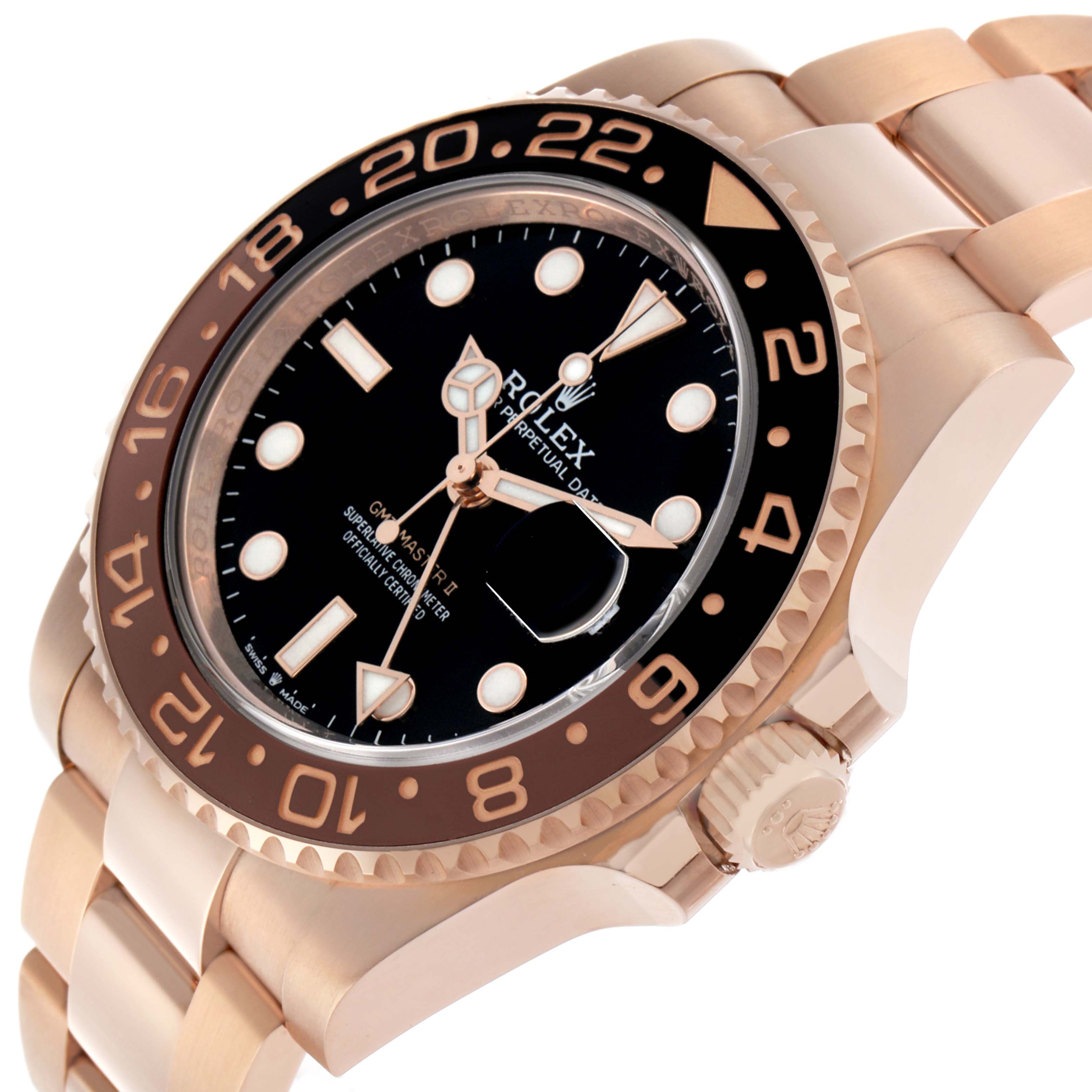 The image shows a Rolex GMT-Master 126715 Men's Rose Gold Black Dial watch angled from the top right, highlighting the bezel, dial, and part of the bracelet.