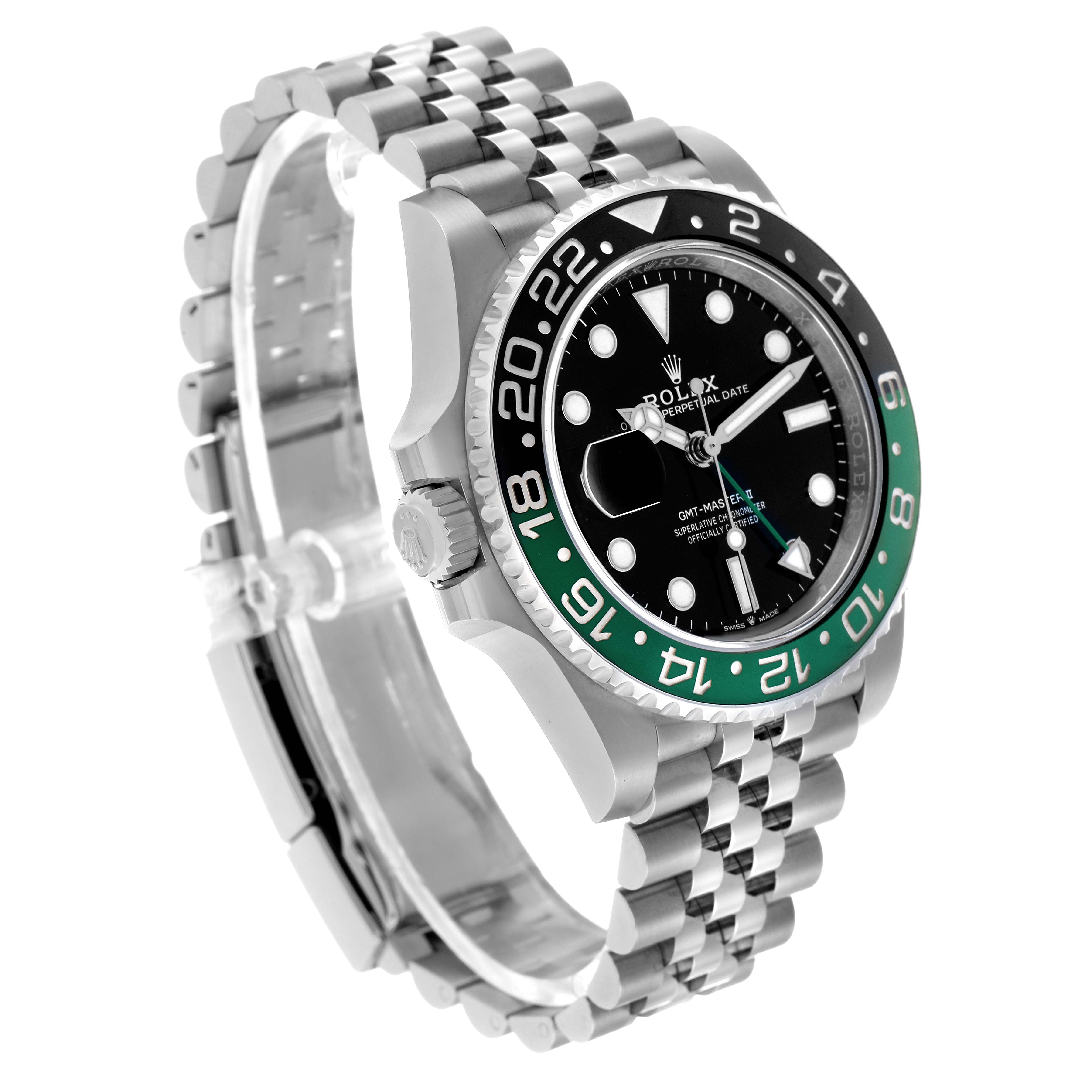 The Rolex GMT-Master 126720 Men's Stainless Steel Black Dial watch is shown at a three-quarter angle, displaying the dial, bezel, case, and bracelet.