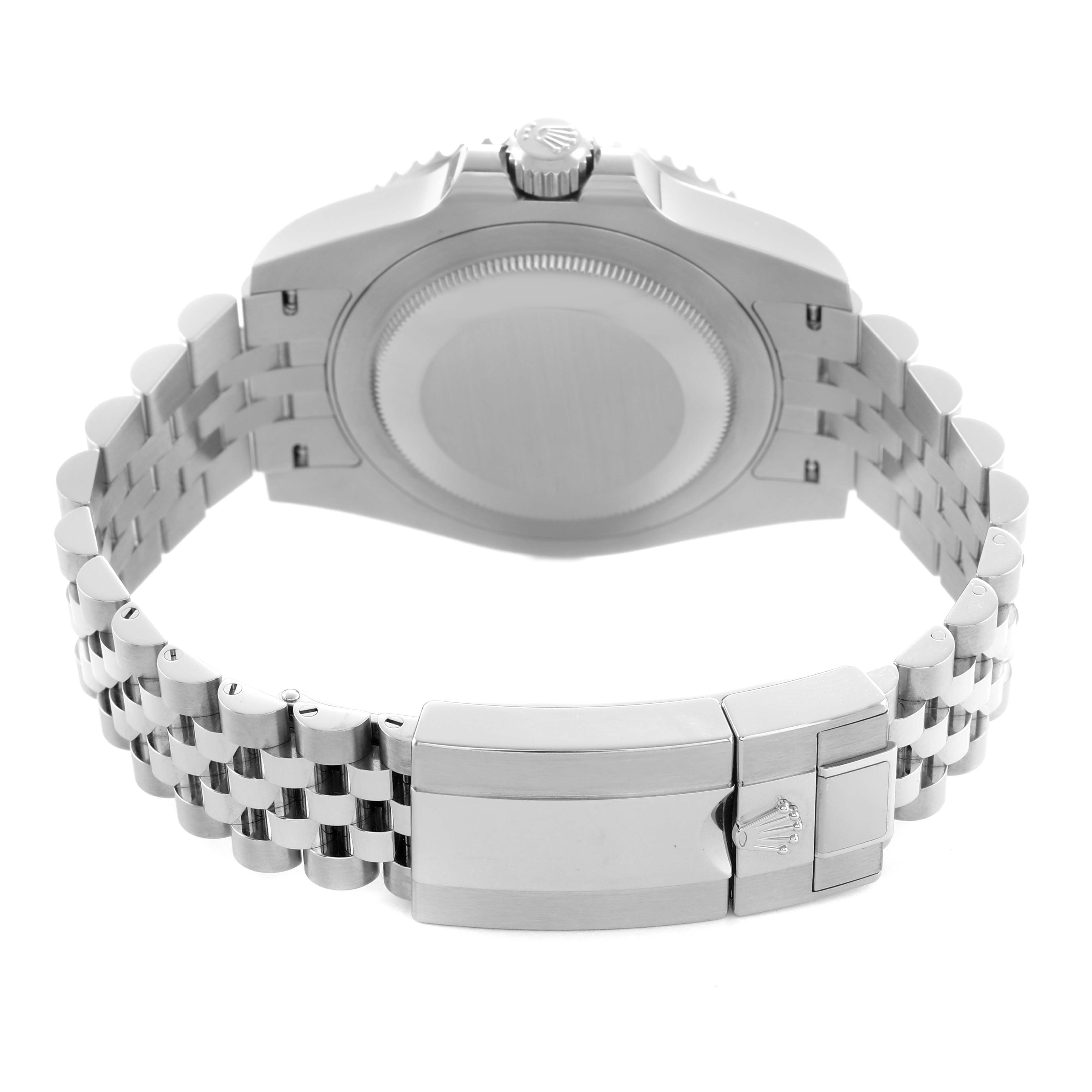 The image shows the back of a Rolex GMT-Master 126720 Men's Stainless Steel Black Dial, highlighting the case back, bracelet, and clasp from a rear angle.