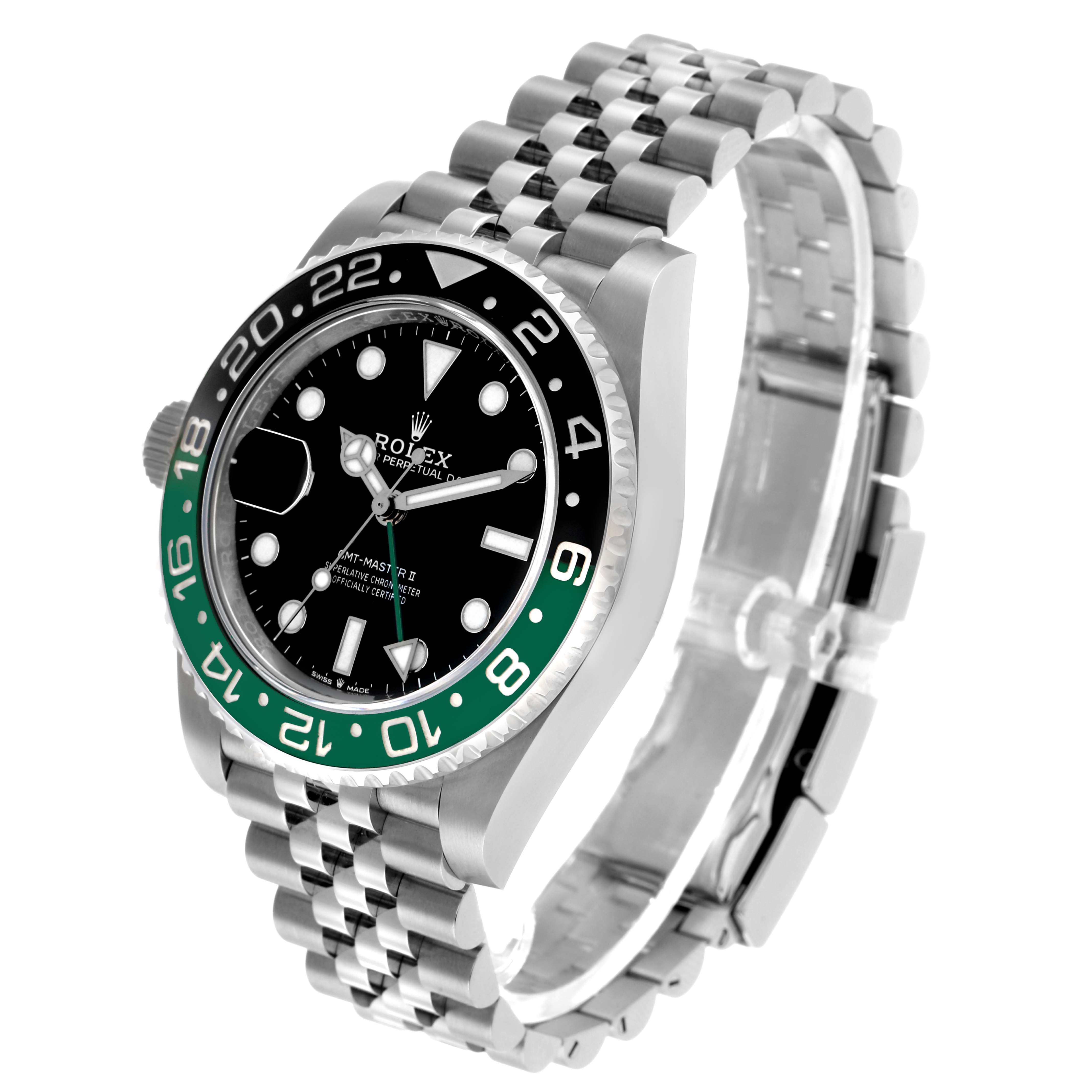 The Rolex GMT-Master 126720 Men's Stainless Steel Black Dial watch is shown at an angle highlighting the bezel, dial, and part of the bracelet.