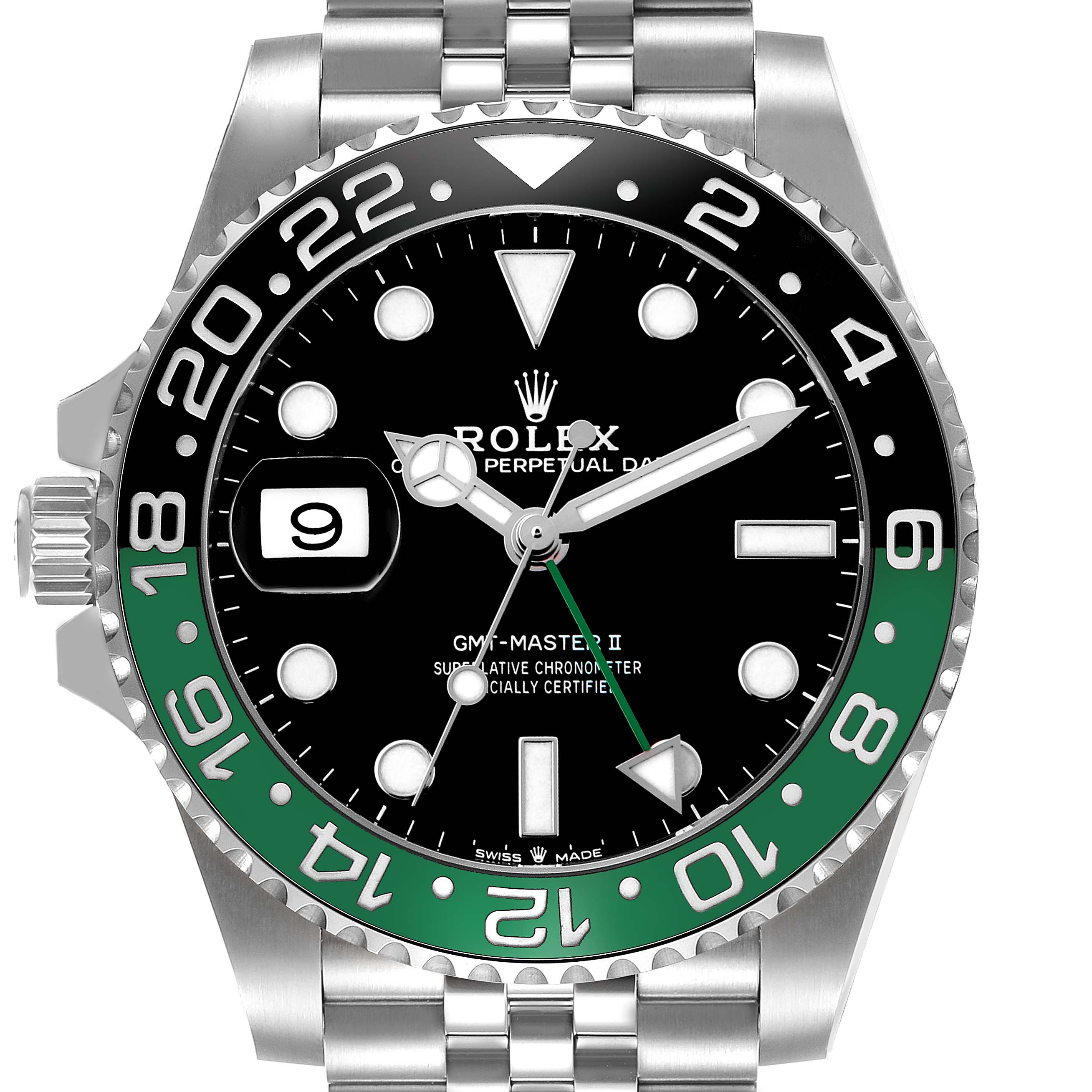 The Rolex GMT-Master 126720 Men's Stainless Steel Black Dial watch is shown from a front angle, displaying the face, bezel, and part of the bracelet.