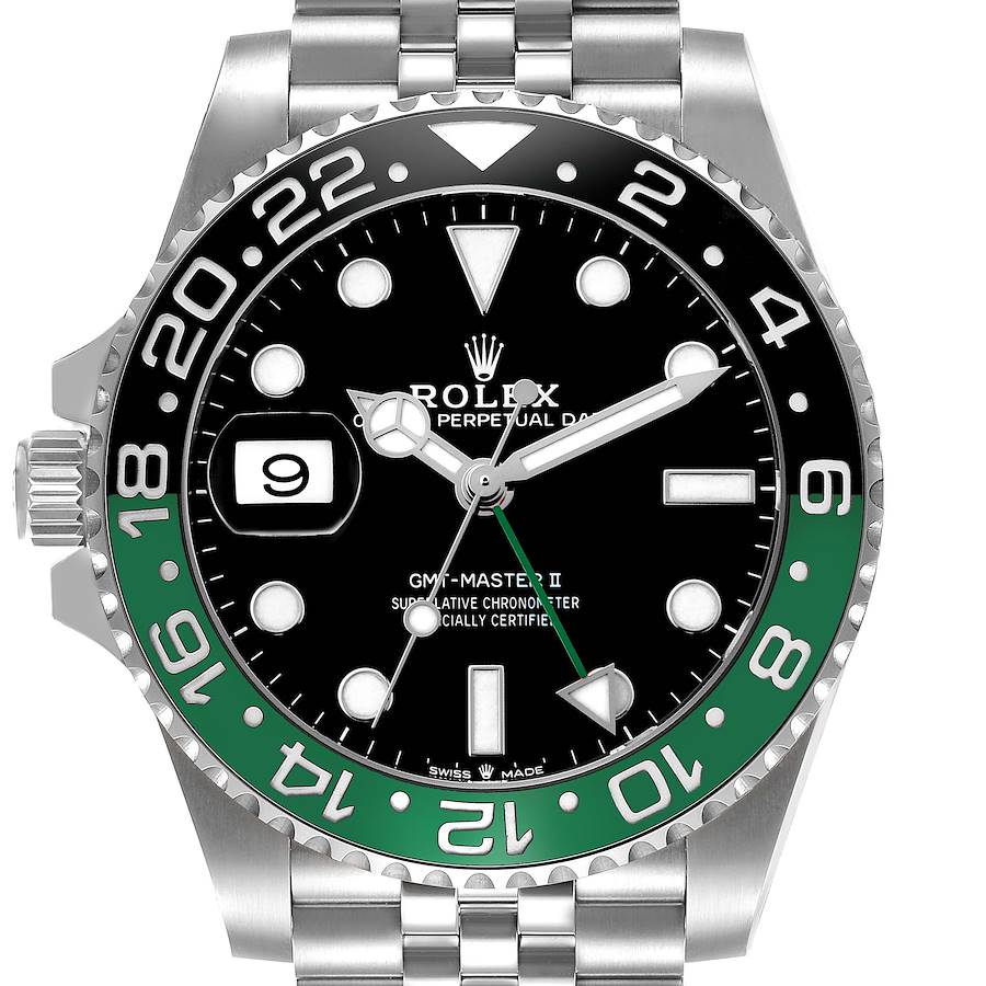 The Rolex GMT-Master 126720 Men's Stainless Steel Black Dial watch is shown from a front angle, displaying the face, bezel, and part of the bracelet.