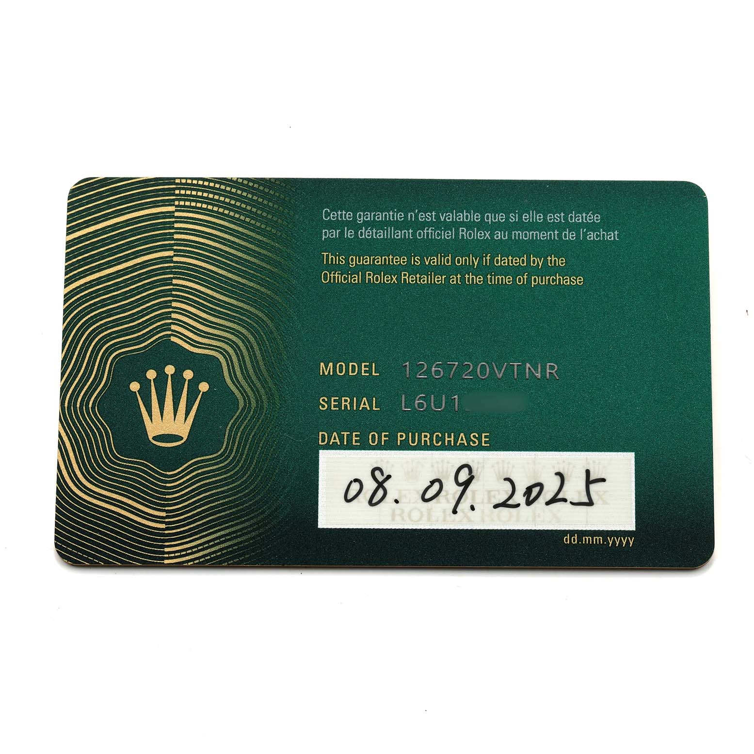 The image shows a Rolex GMT-Master 126720 Men's Stainless Steel Black Dial guarantee card displaying the model number and purchase date.