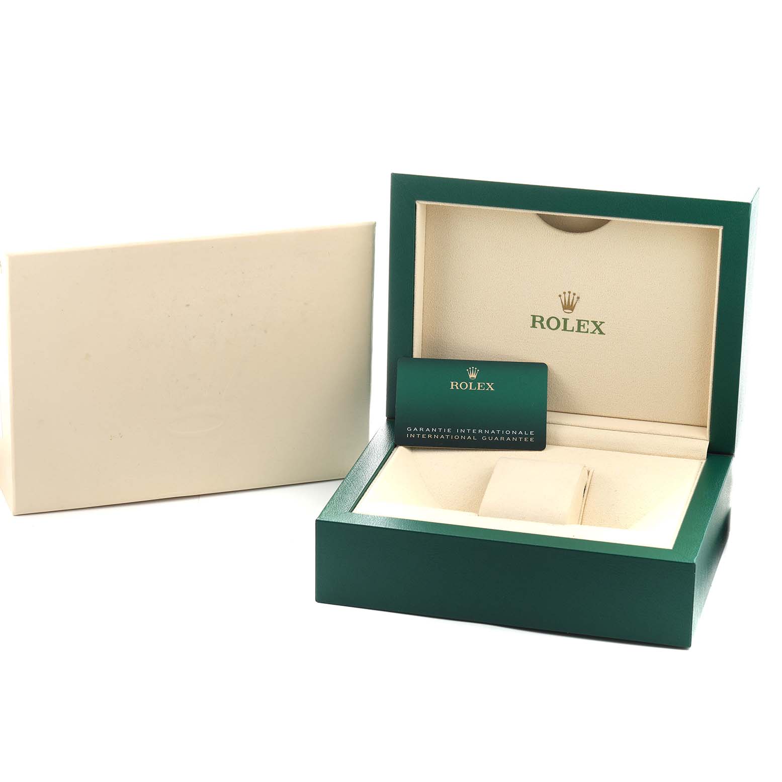 The image shows a Rolex GMT-Master 126720 Men's Stainless Steel Black Dial watch box, certificate card, and outer packaging.