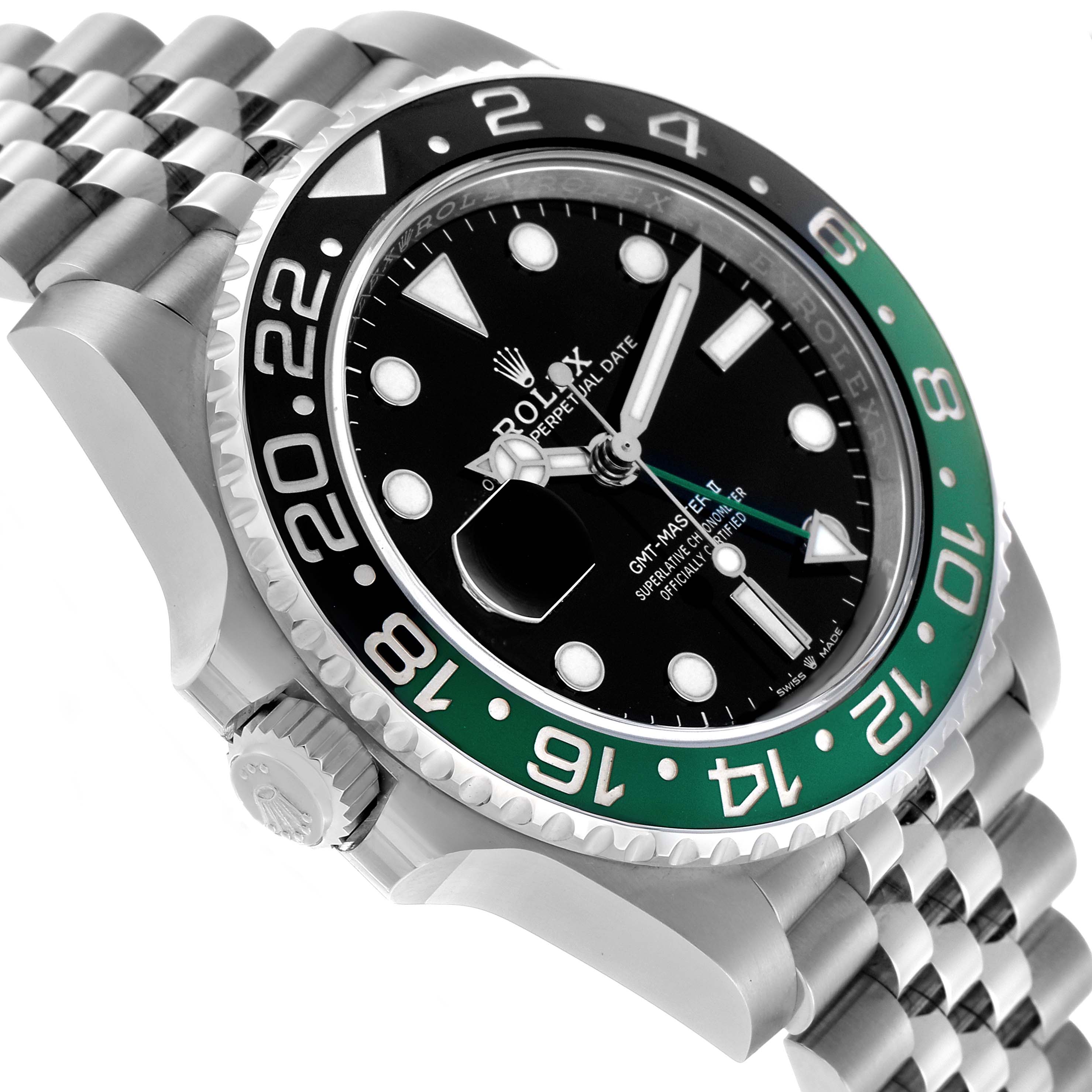 The Rolex GMT-Master 126720 Men's Stainless Steel Black Dial is shown at an angle highlighting its bezel, dial, and part of the Jubilee bracelet.