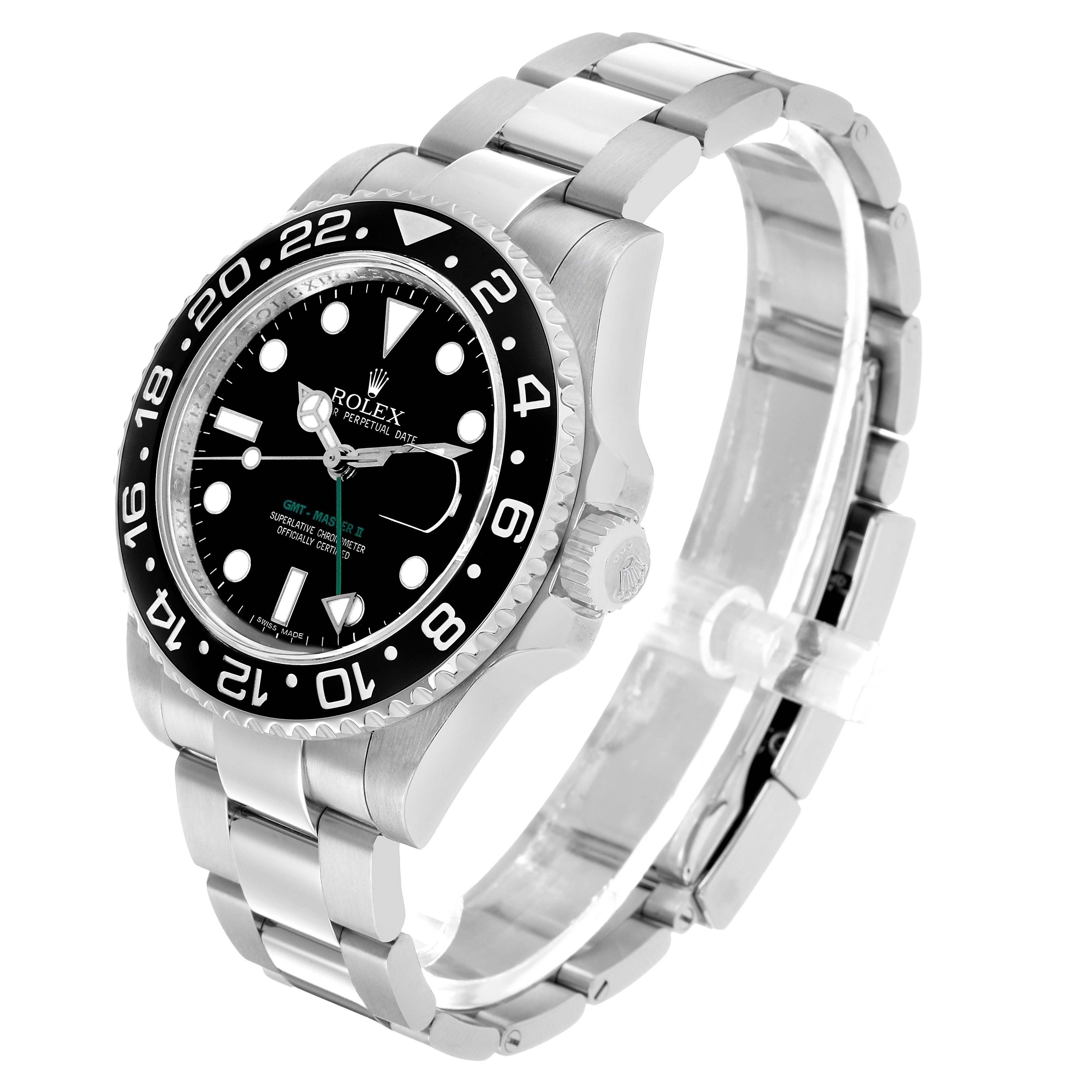 The Rolex GMT-Master 116710 Men's Stainless Steel Black Dial watch is shown at a three-quarter angle highlighting the bezel, dial, case, and part of the bracelet.