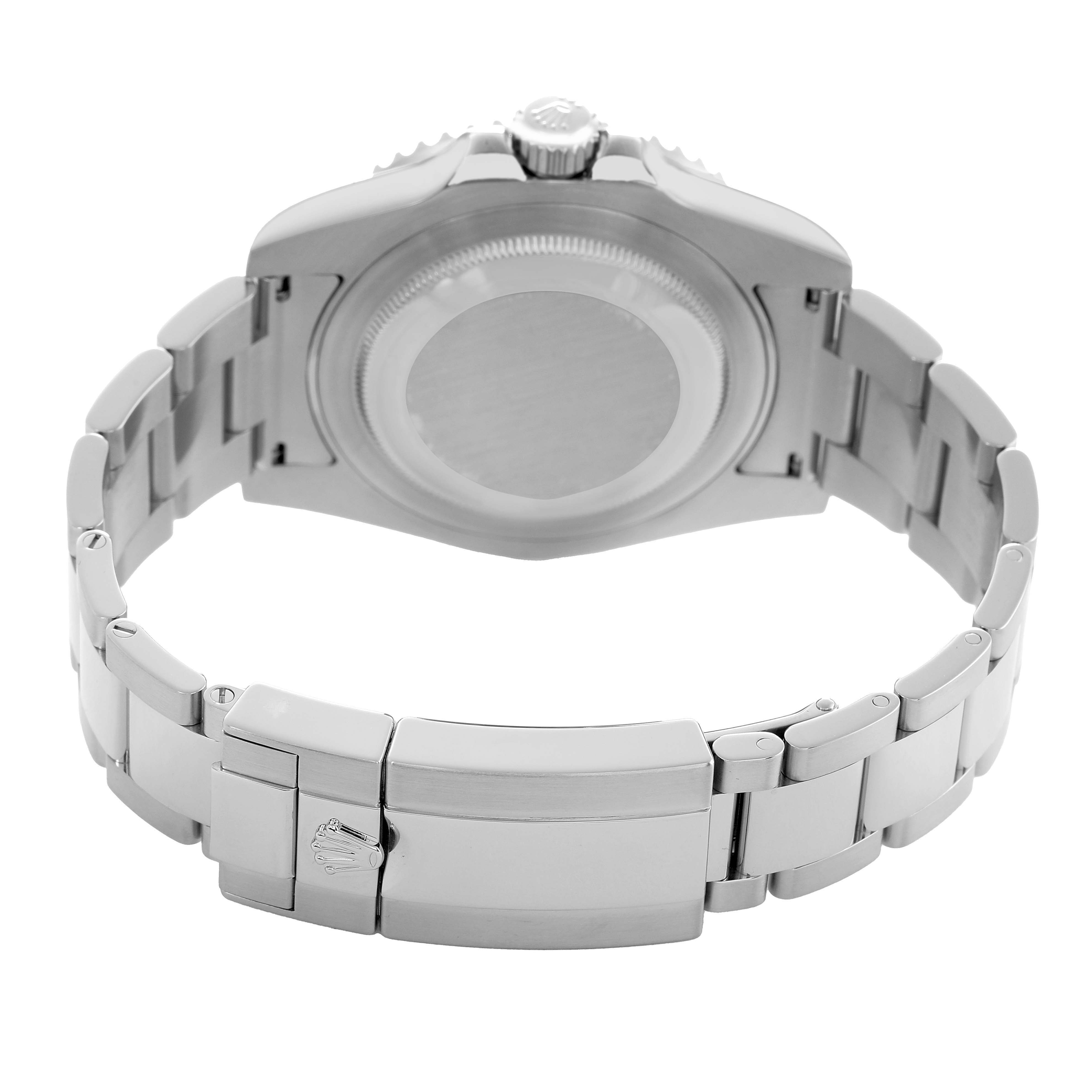 The image shows the back view of a Rolex GMT-Master 116710 Men's Stainless Steel Black Dial, highlighting the bracelet, clasp, and caseback.