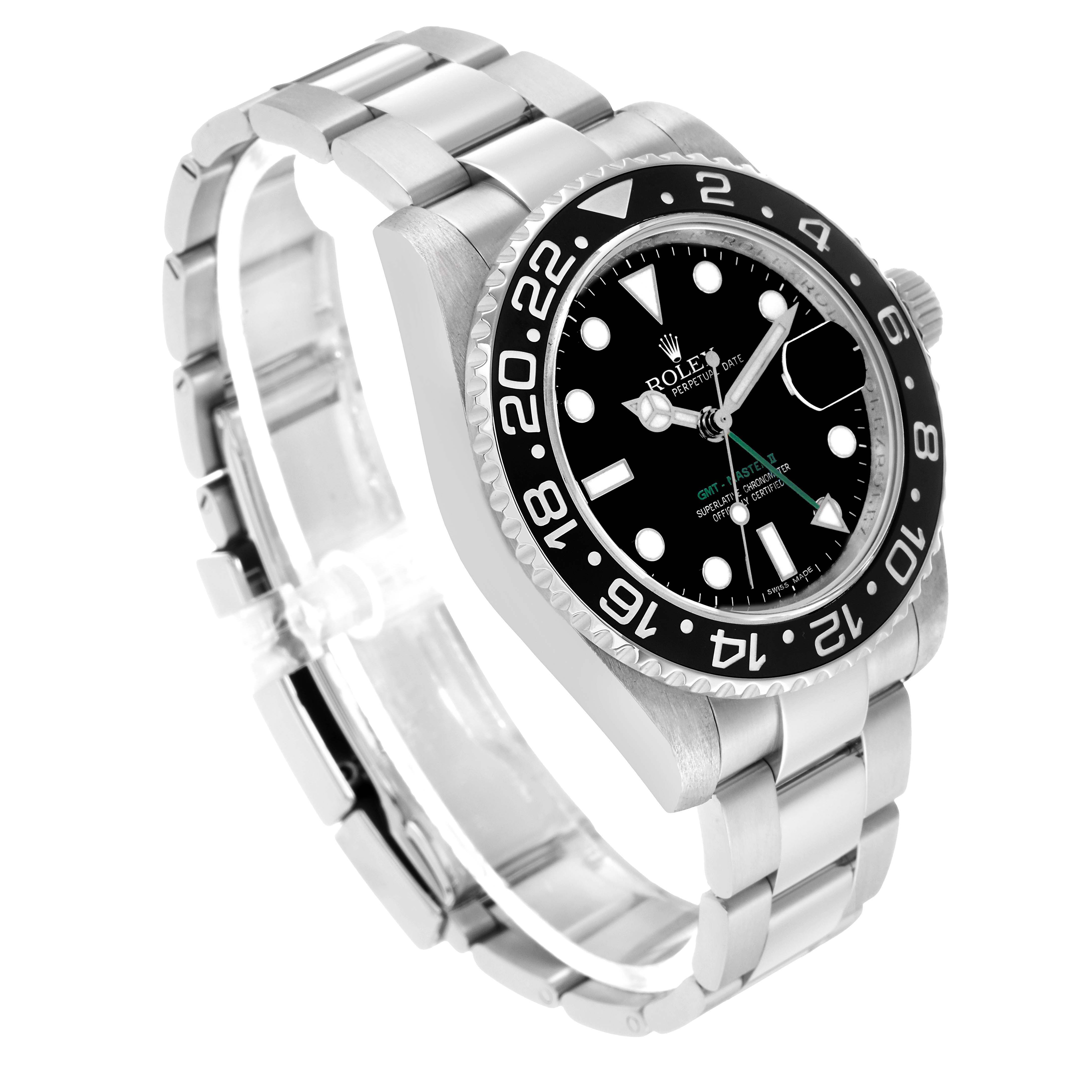 The Rolex GMT-Master 116710 Men's Stainless Steel Black Dial watch is shown at a tilted angle, displaying the bezel, dial, and stainless steel bracelet.