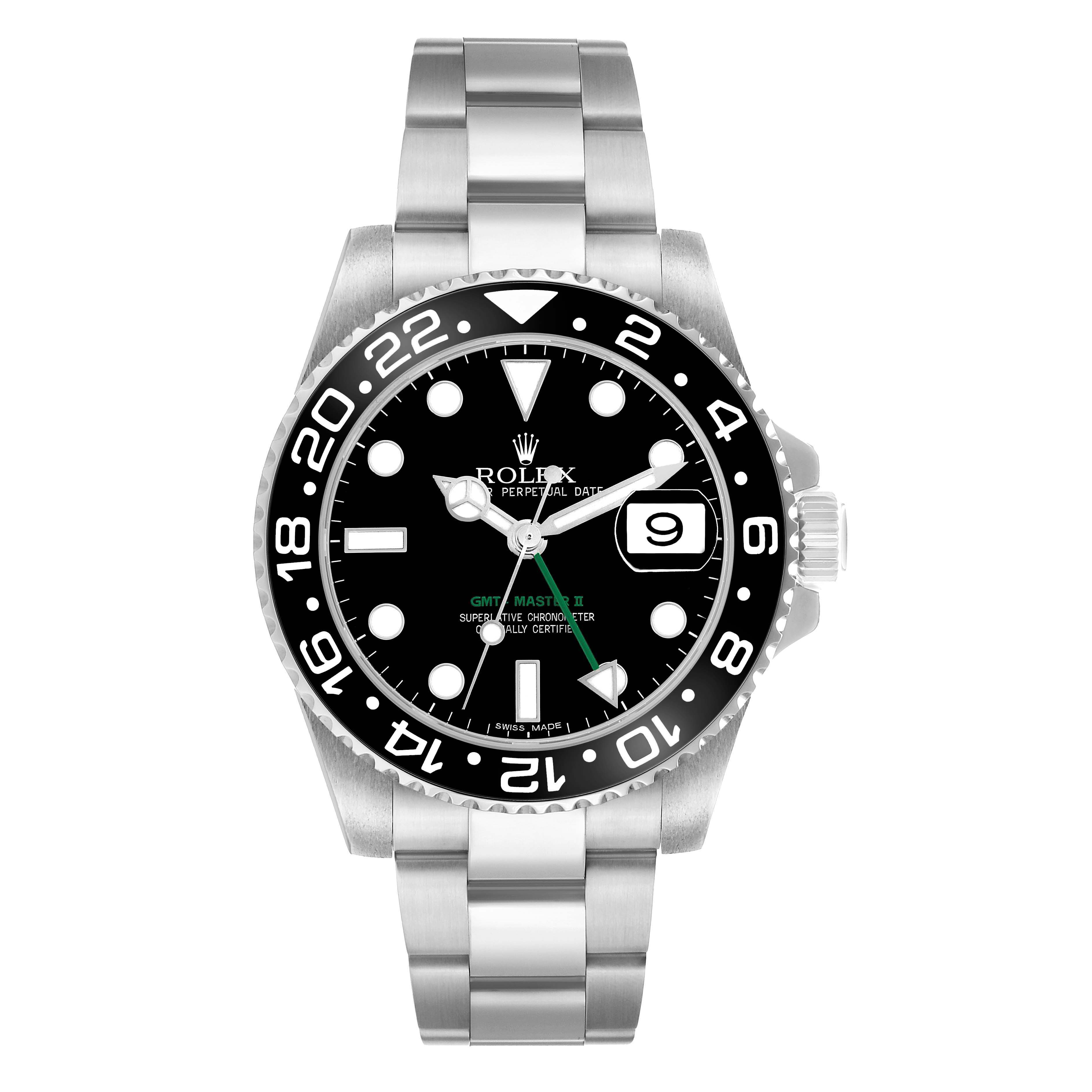 The Rolex GMT-Master 116710 Men's Stainless Steel Black Dial watch is shown from the front, displaying its bezel, dial, bracelet, and crown.