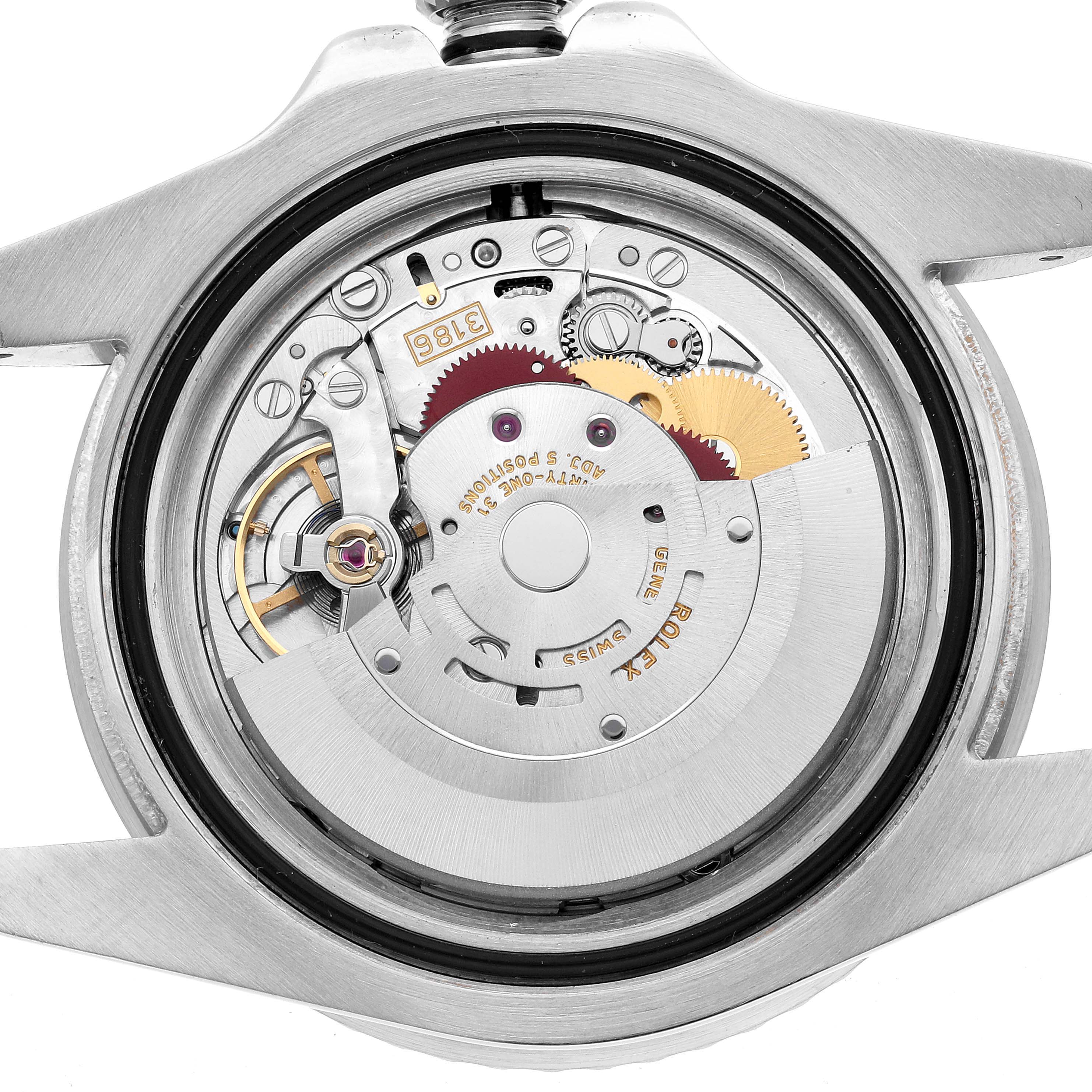 The image shows the movement mechanism of a Rolex GMT-Master 116710 Men's Stainless Steel Black Dial, viewed from the back with the case open.