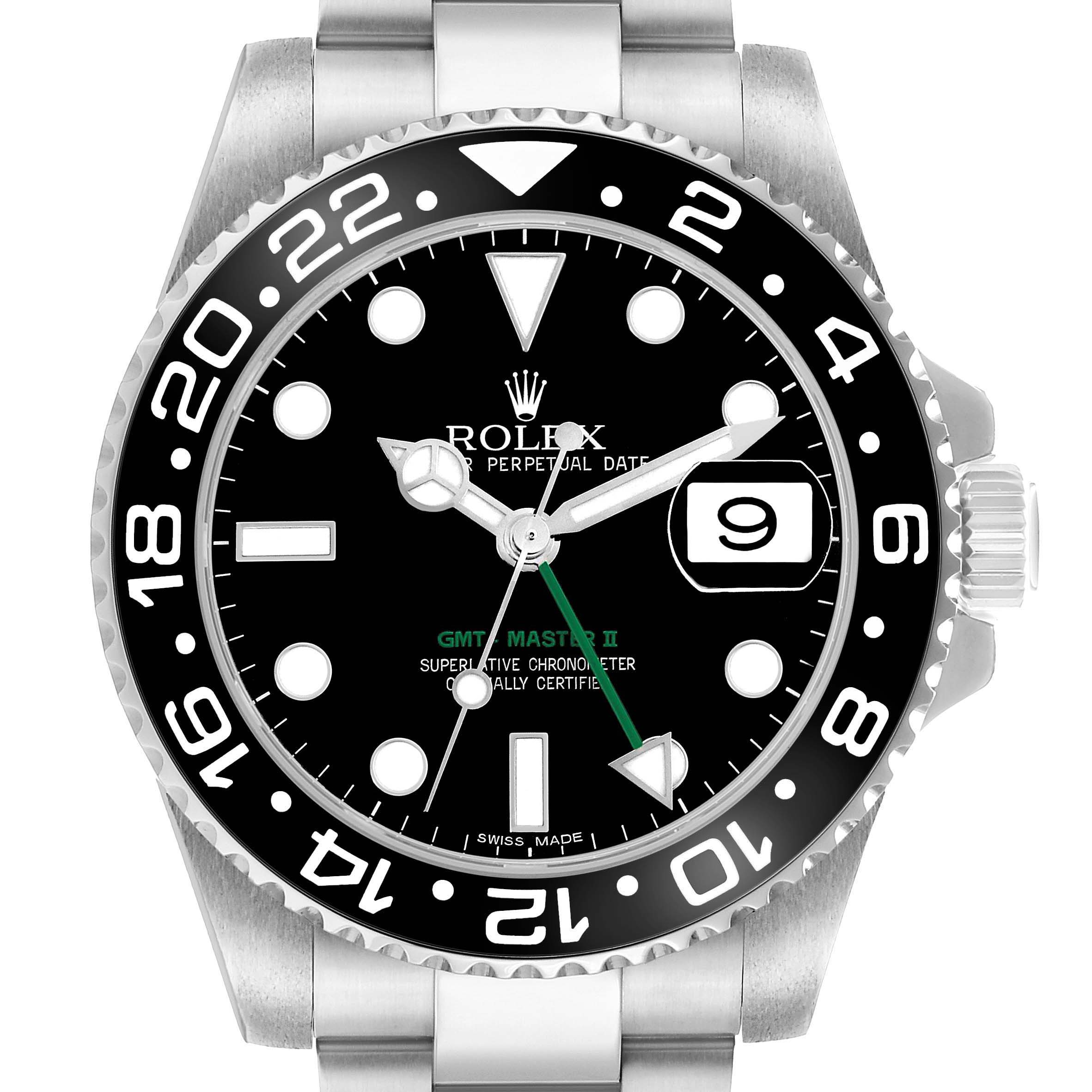 The Rolex GMT-Master 116710 Men's Stainless Steel Black Dial watch is shown from a front angle, highlighting the dial, bezel, case, and part of the bracelet.