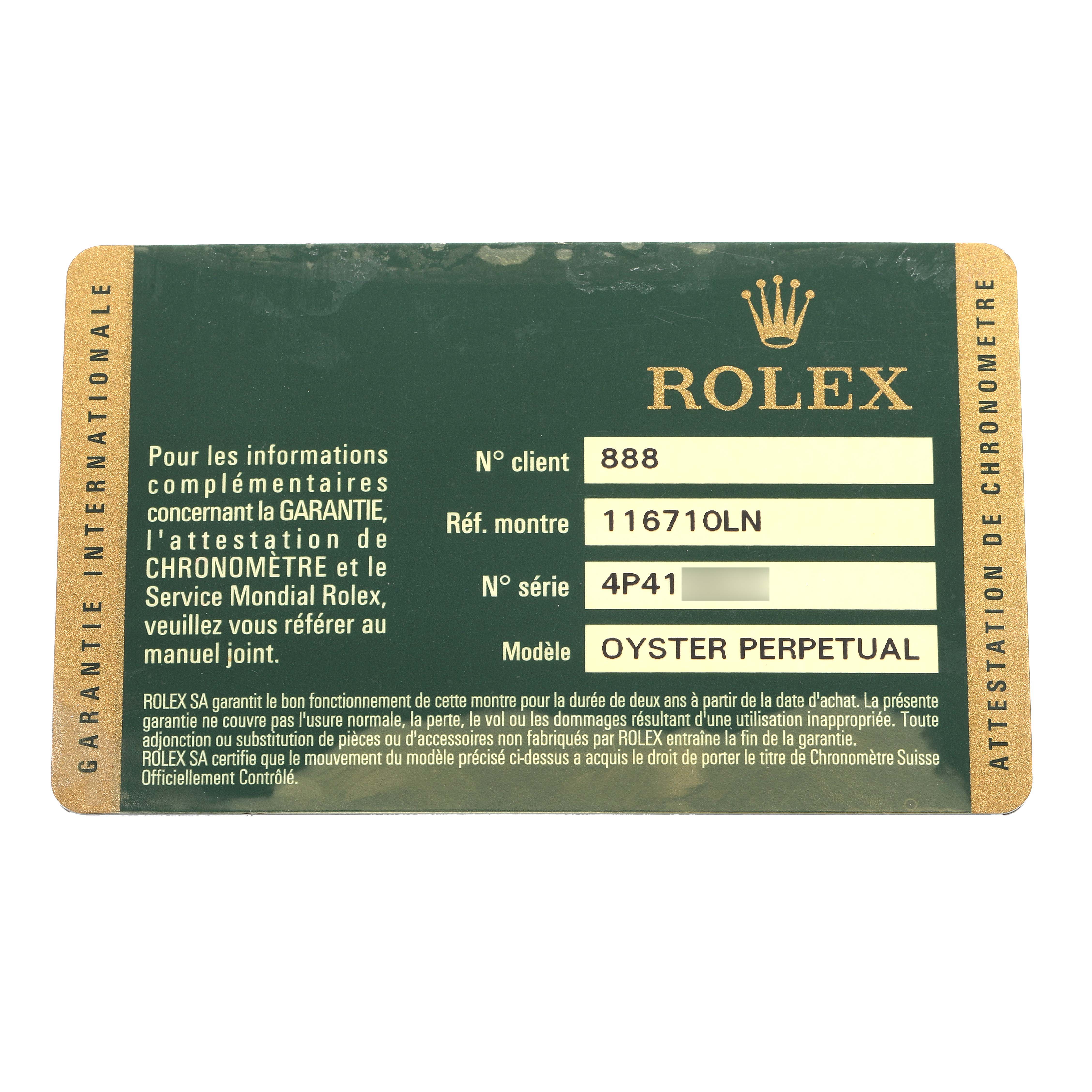 The image shows a Rolex warranty card for the GMT-Master model, detailing client number, reference number, and model name.