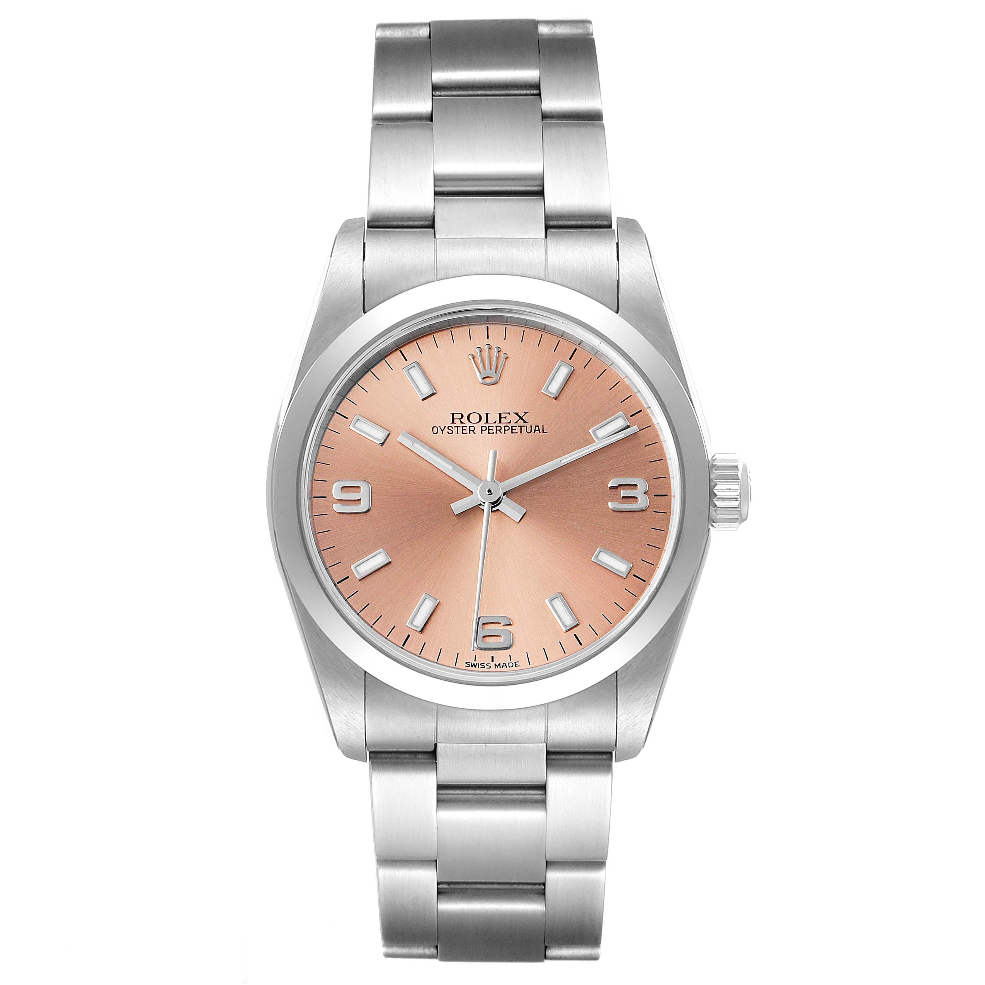 This image shows a front view of a Rolex Mid-Size 77080 Women
s Stainless Steel Pink Dial 77080 Women
s Stainless Steel Pink Dial model watch, featuring its face, bezel, and bracelet.