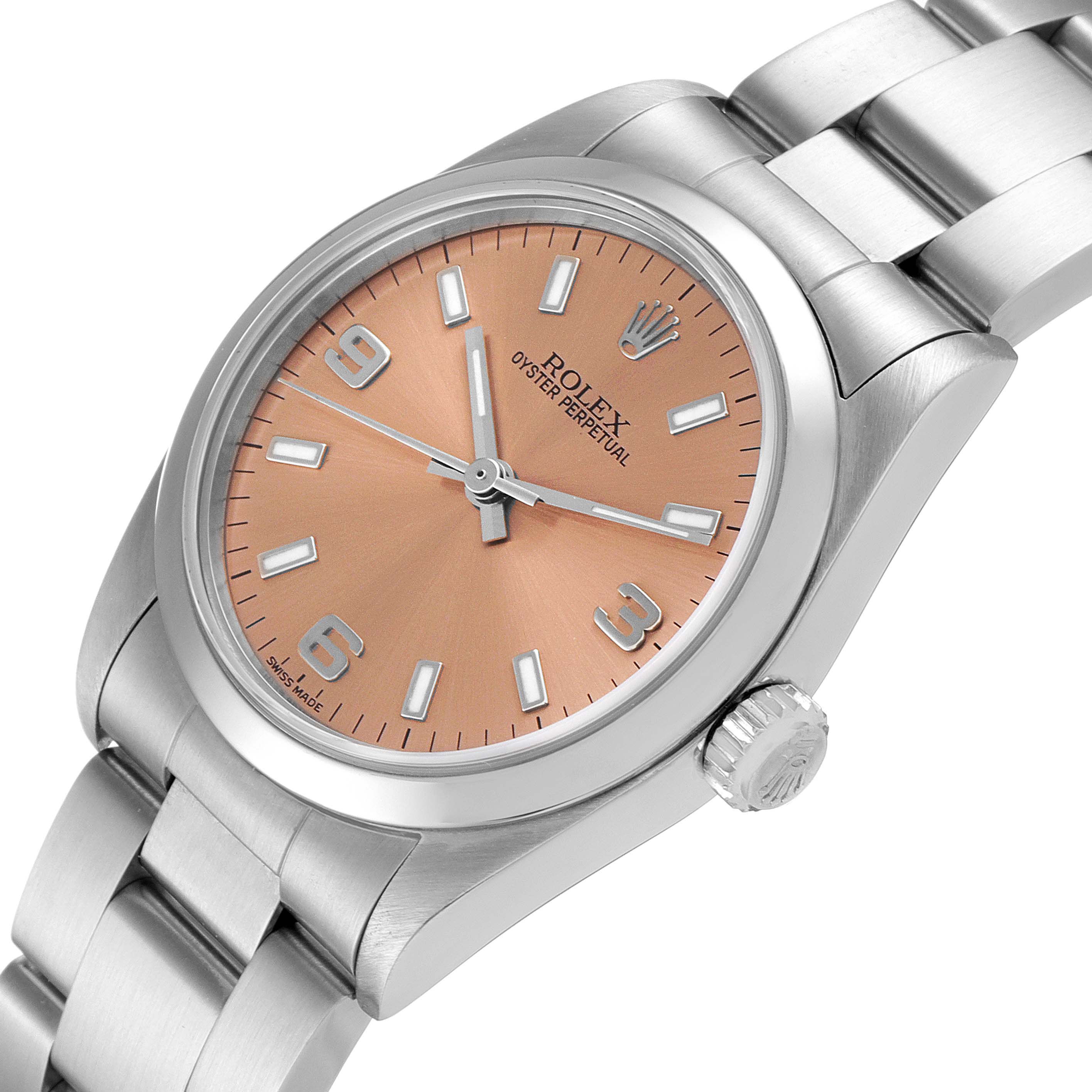 The image shows a close-up angled view of a Rolex Mid-Size 77080 Women
s Stainless Steel Pink Dial 77080 Women
s Stainless Steel Pink Dial Oyster Perpetual watch, focusing on the dial, bezel, crown, and bracelet.