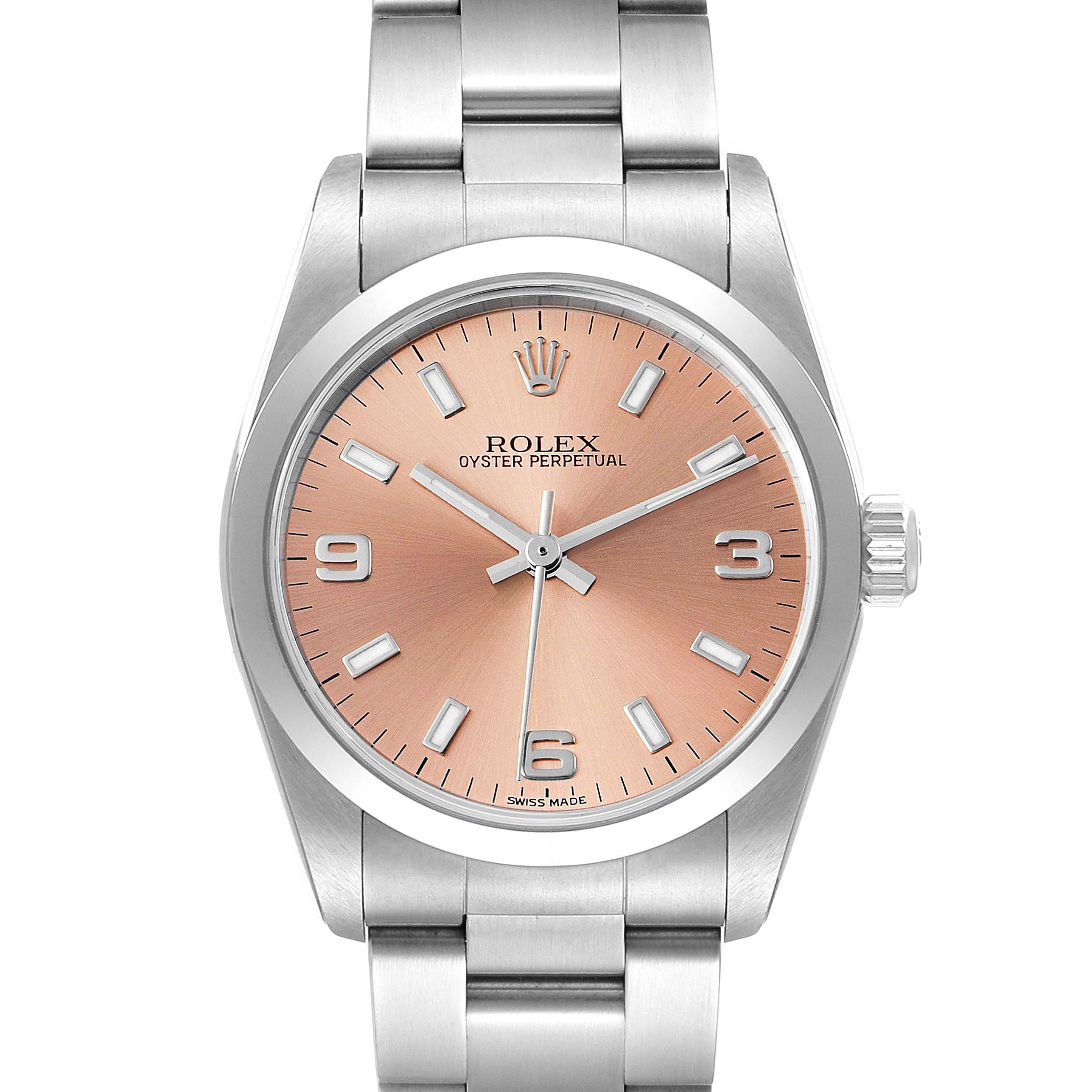 This image shows a front view of the Rolex Mid-Size 77080 Women
s Stainless Steel Pink Dial 77080 Women
s Stainless Steel Pink Dial Oyster Perpetual watch, highlighting its dial, hour markers, and bracelet.
