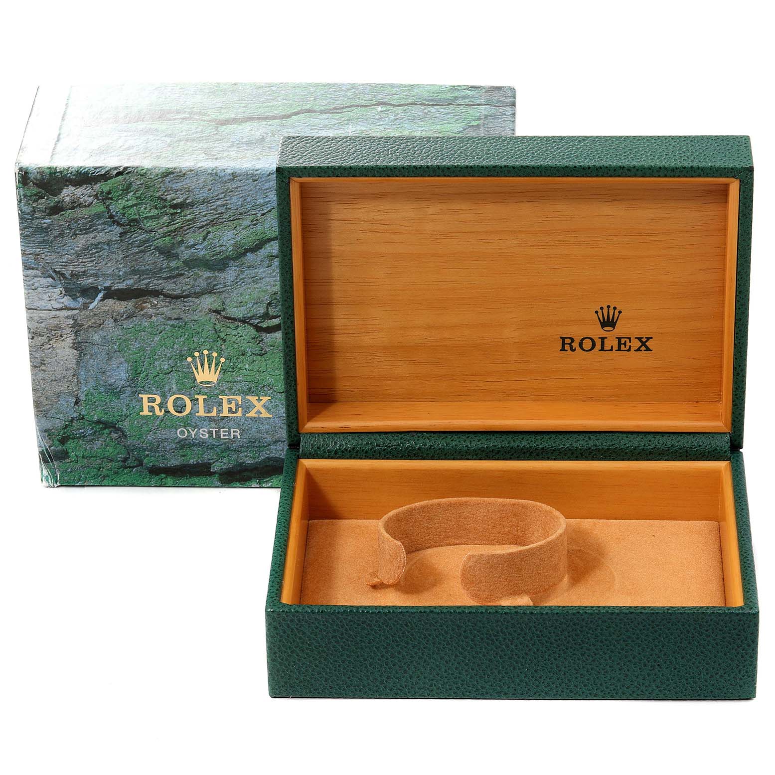 The image shows an open Rolex Oyster green box, displaying its wooden interior used to hold a Mid-Size model watch.