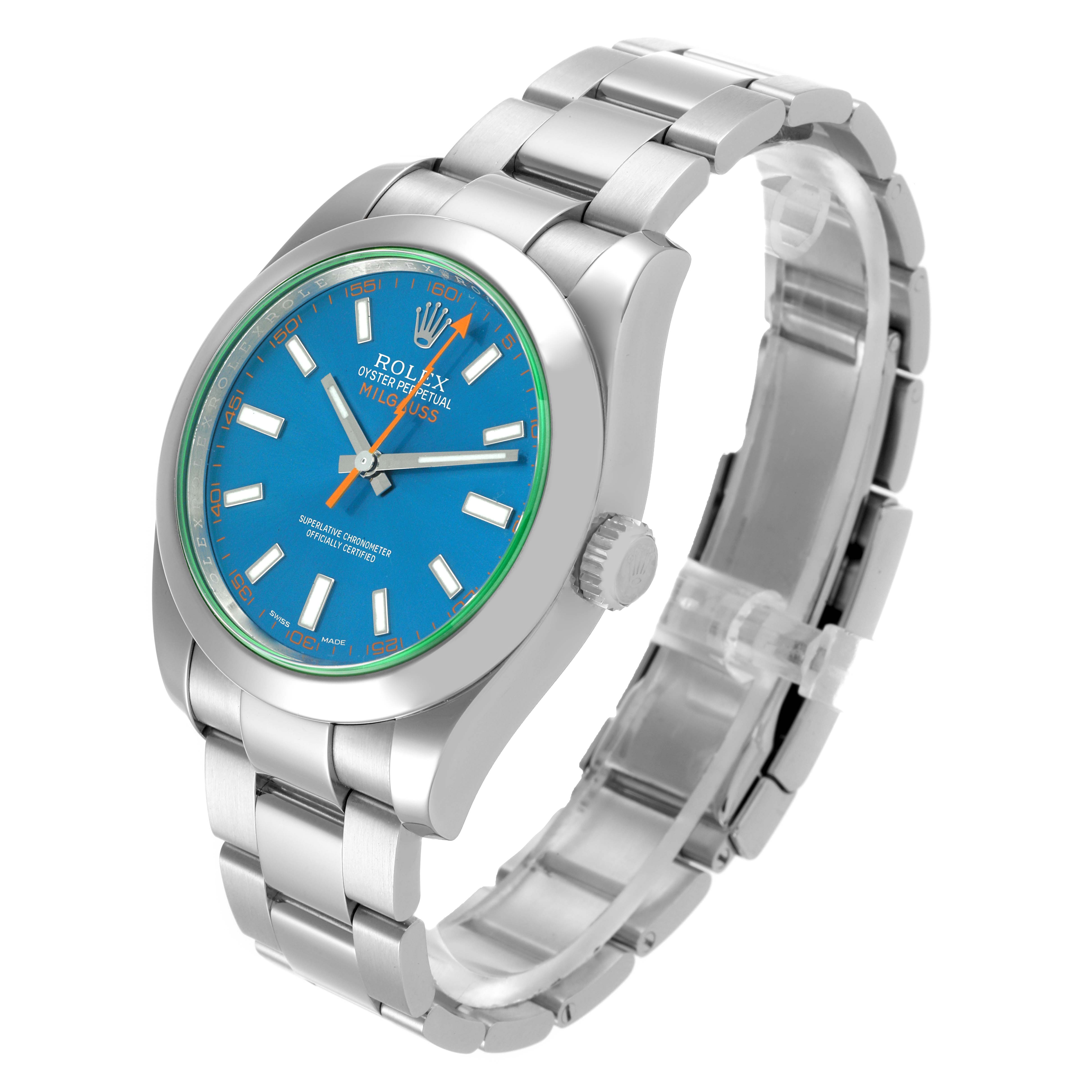 The Rolex Milgauss 116400GV Men
s Stainless Steel Blue Dial 116400GV Men
s Stainless Steel Blue Dial watch is shown at a slight angle displaying its face, bezel, and bracelet.