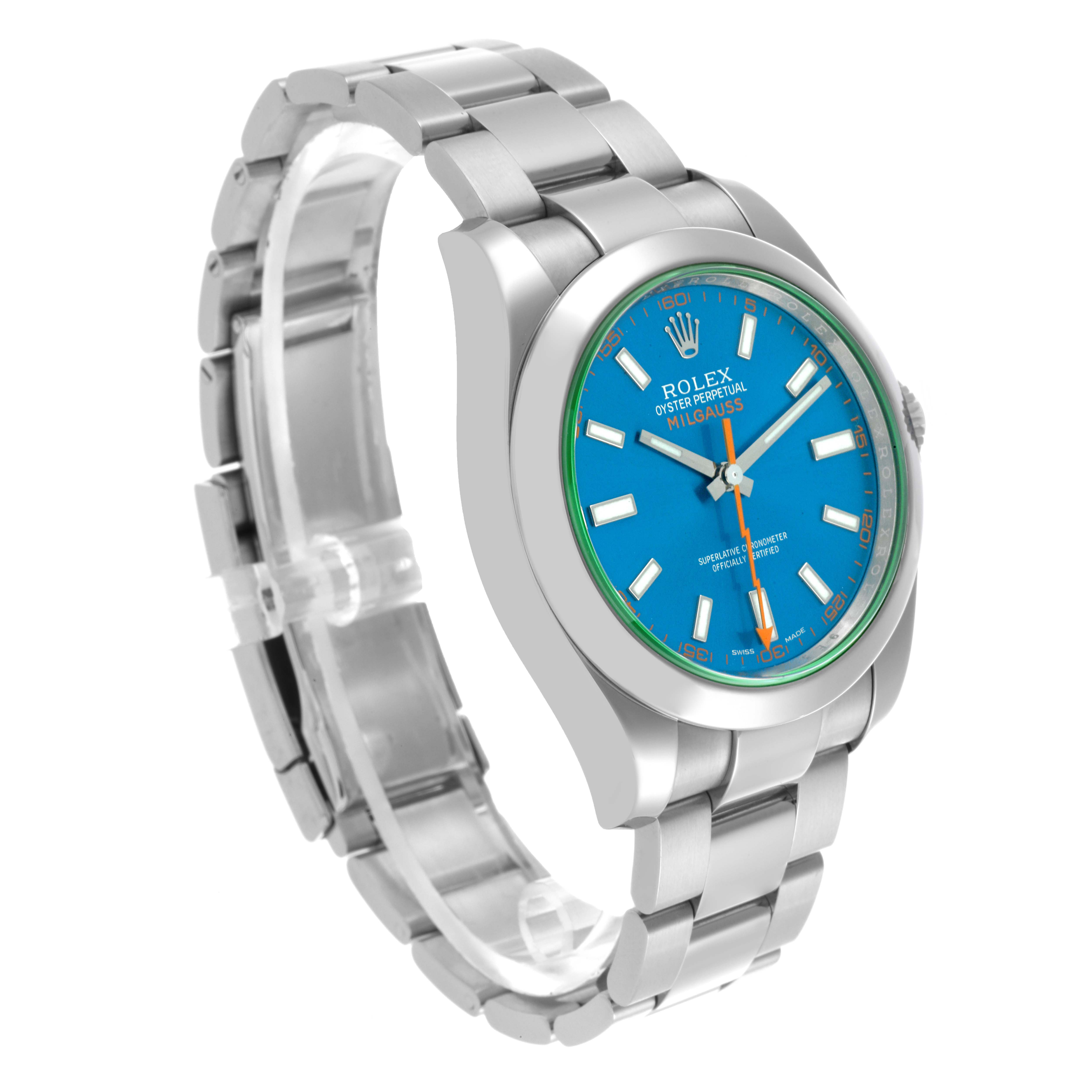 The image shows a Rolex Milgauss 116400GV Men
s Stainless Steel Blue Dial 116400GV Men
s Stainless Steel Blue Dial watch at a three-quarter angle, displaying the dial, case, and part of the bracelet.