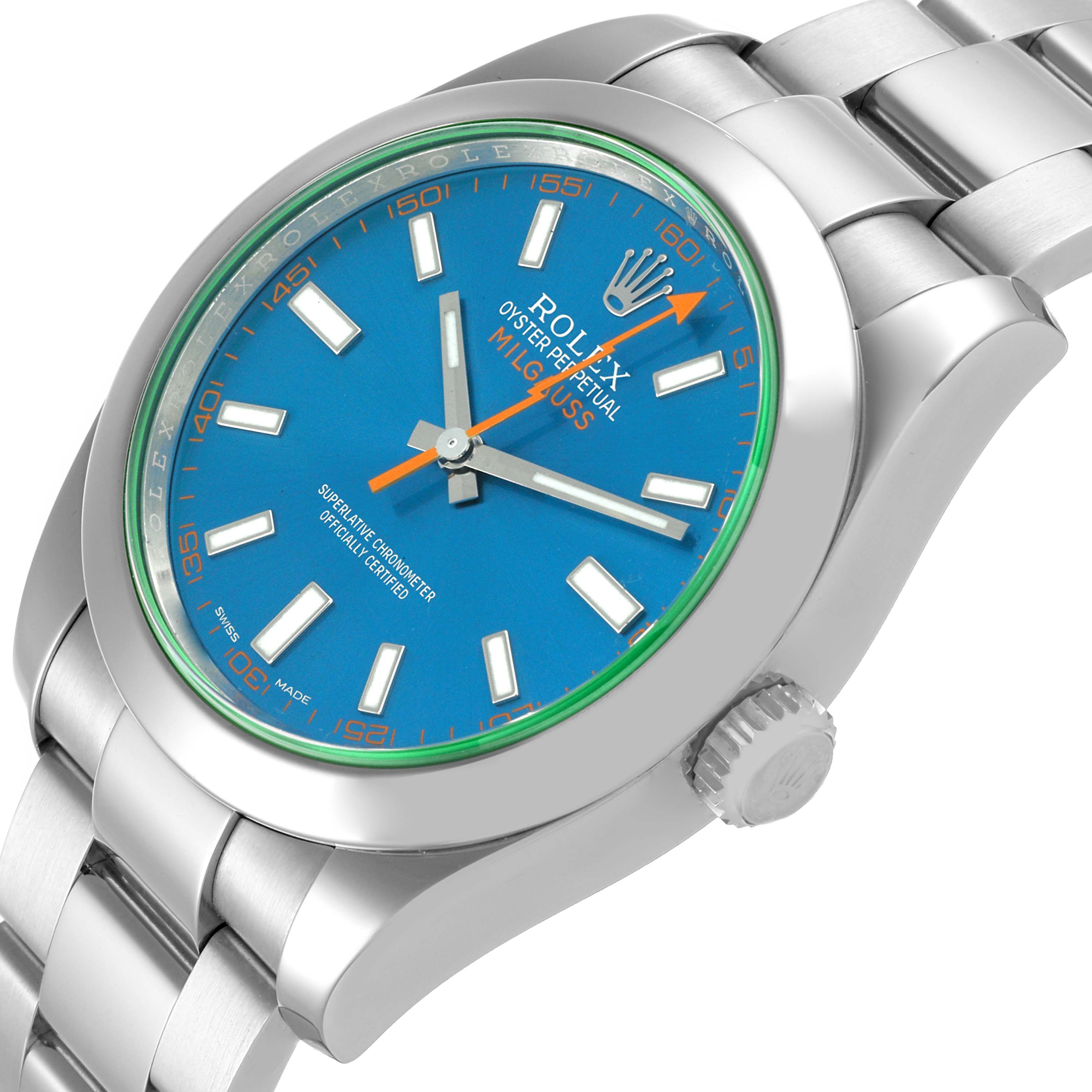 The Rolex Milgauss 116400GV Men
s Stainless Steel Blue Dial 116400GV Men
s Stainless Steel Blue Dial watch is shown at an angled top-down view, displaying the dial, crown, and part of the bracelet.