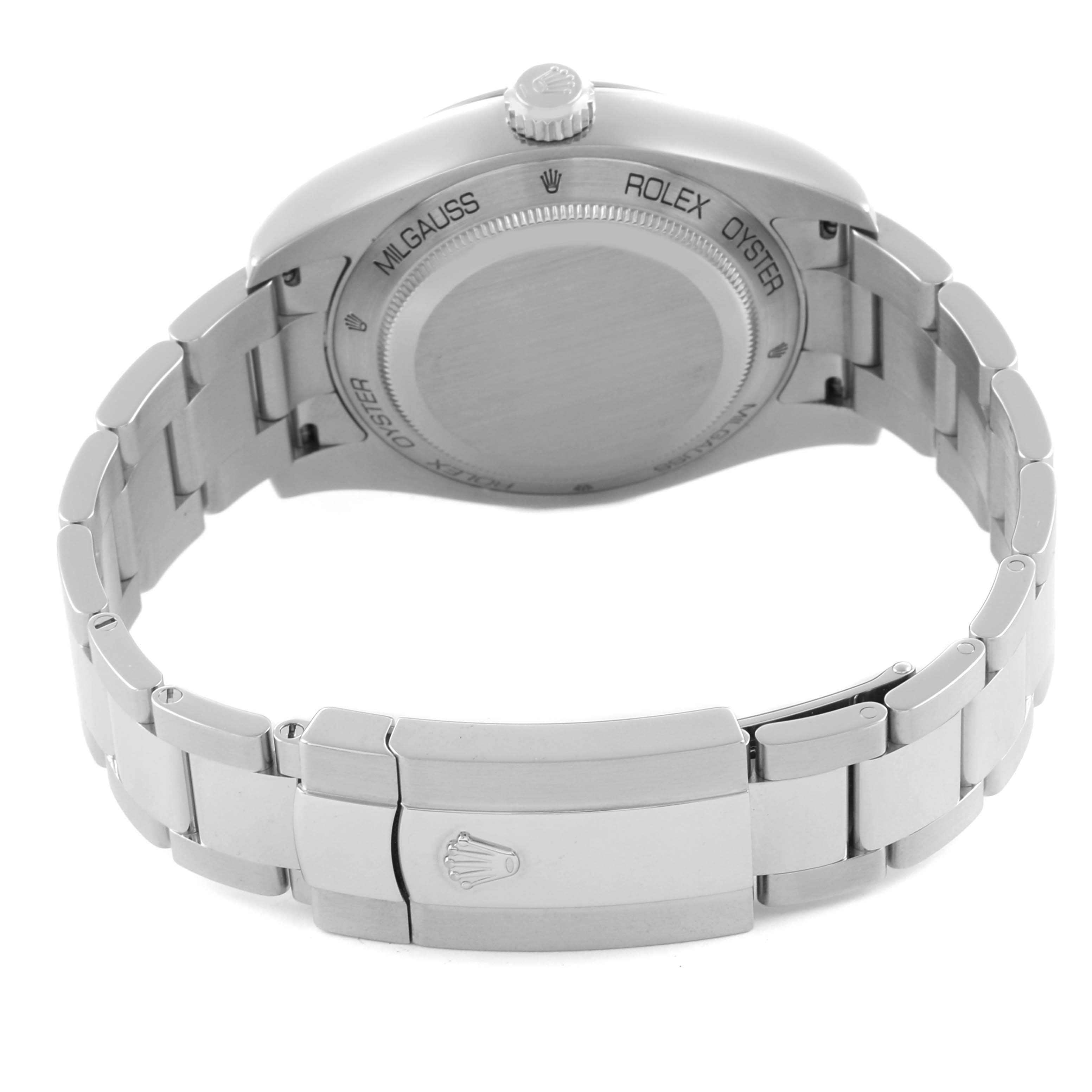 The Rolex Milgauss 116400GV Men
s Stainless Steel Blue Dial 116400GV Men
s Stainless Steel Blue Dial watch is shown from the back, highlighting the case back and bracelet.