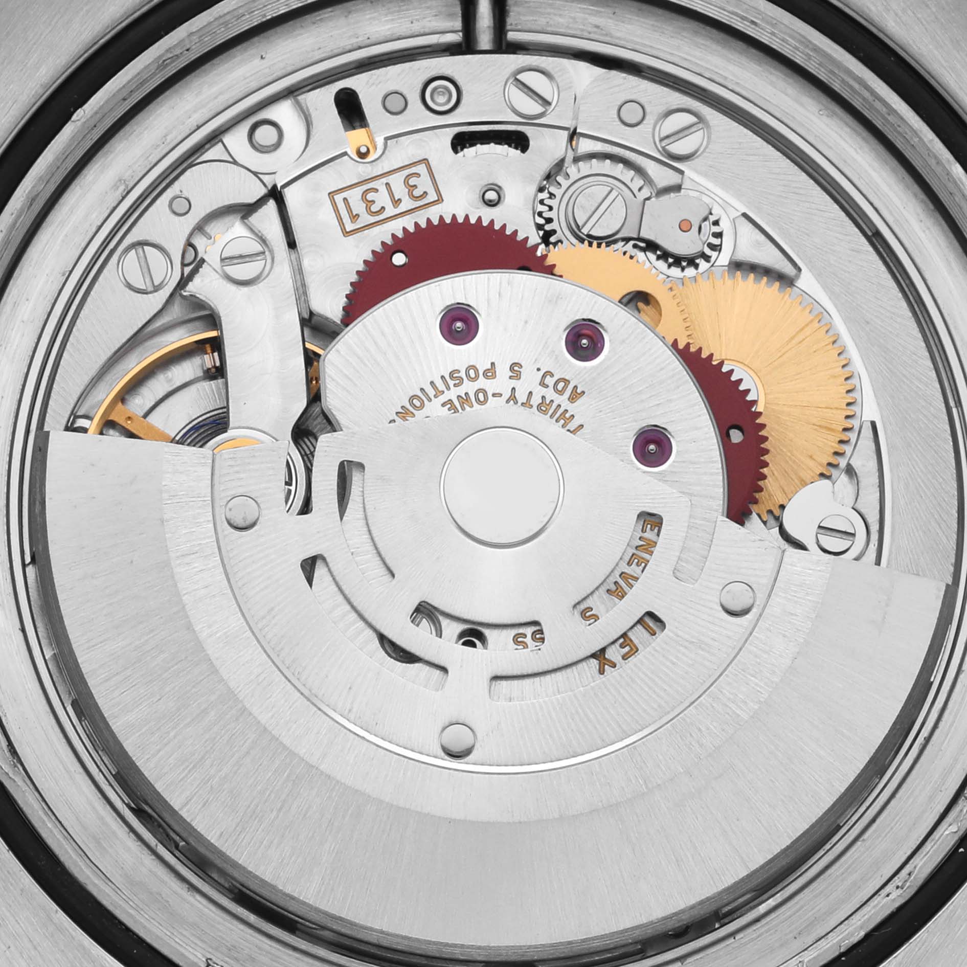 The image shows a close-up view of the Rolex Milgauss 116400GV Men
s Stainless Steel Blue Dial 116400GV Men
s Stainless Steel Blue Dial watch movement, highlighting its gears and intricate mechanisms.
