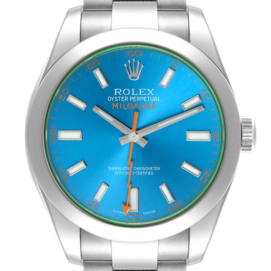 The Rolex Milgauss watch is shown from the front, highlighting its blue dial, luminous markers, and silver-toned case and bracelet.