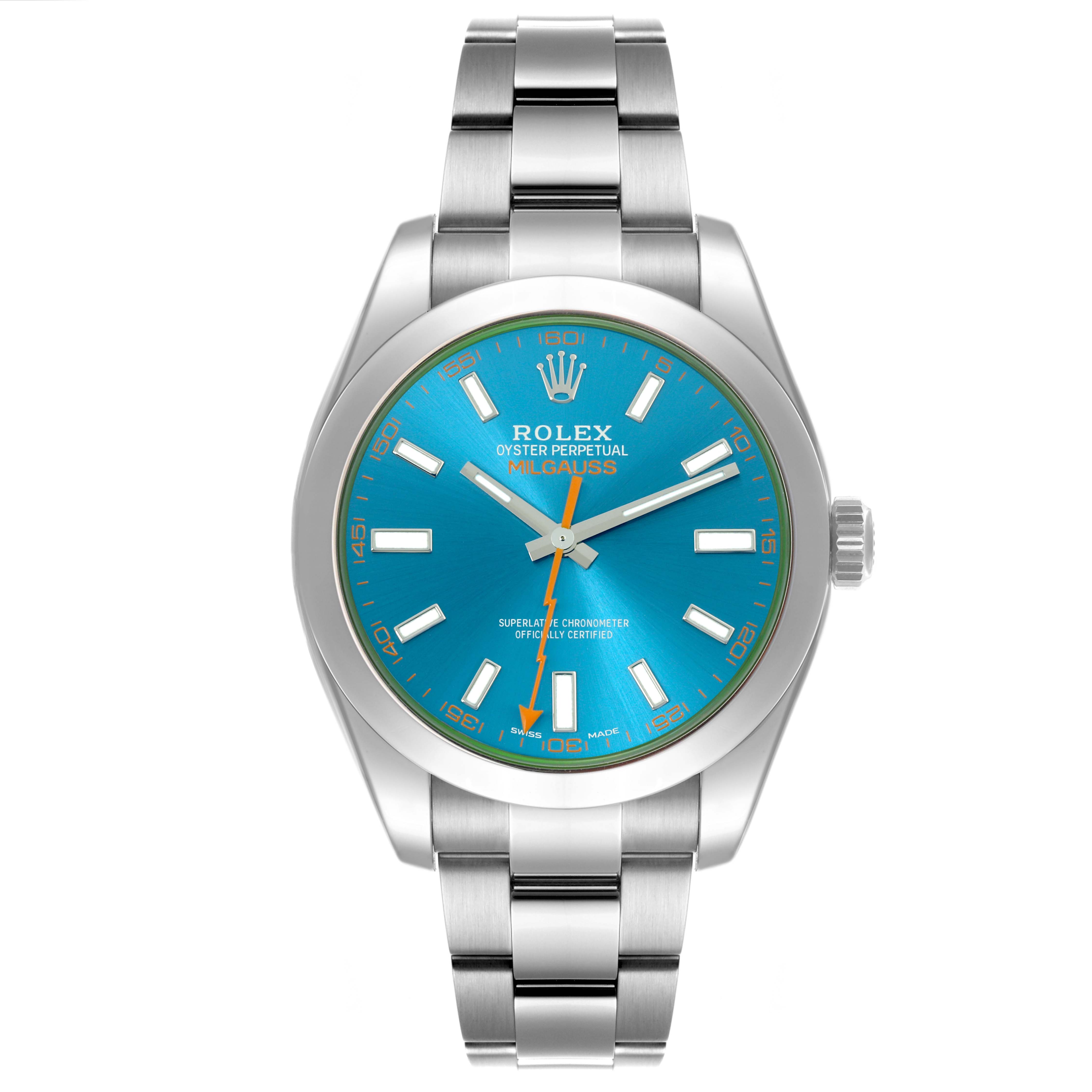 The Rolex Milgauss 116400GV Men's Stainless Steel Blue Dial 116400GV Men's Stainless Steel Blue Dial watch is shown from the front, displaying its dial, bezel, bracelet, and crown.