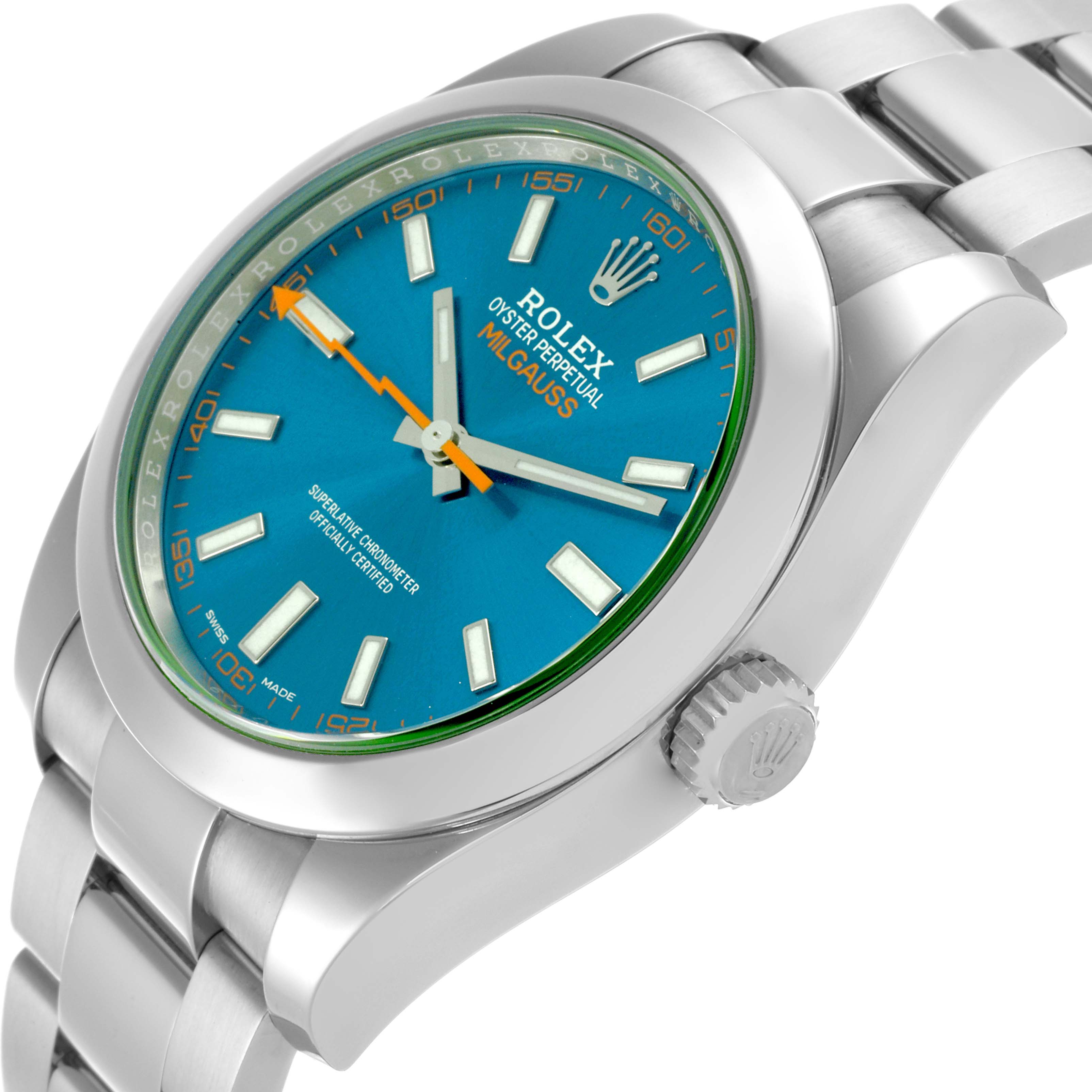The Rolex Milgauss 116400GV Men's Stainless Steel Blue Dial 116400GV Men's Stainless Steel Blue Dial is shown at a three-quarter angle, highlighting the dial, crown, and bracelet.