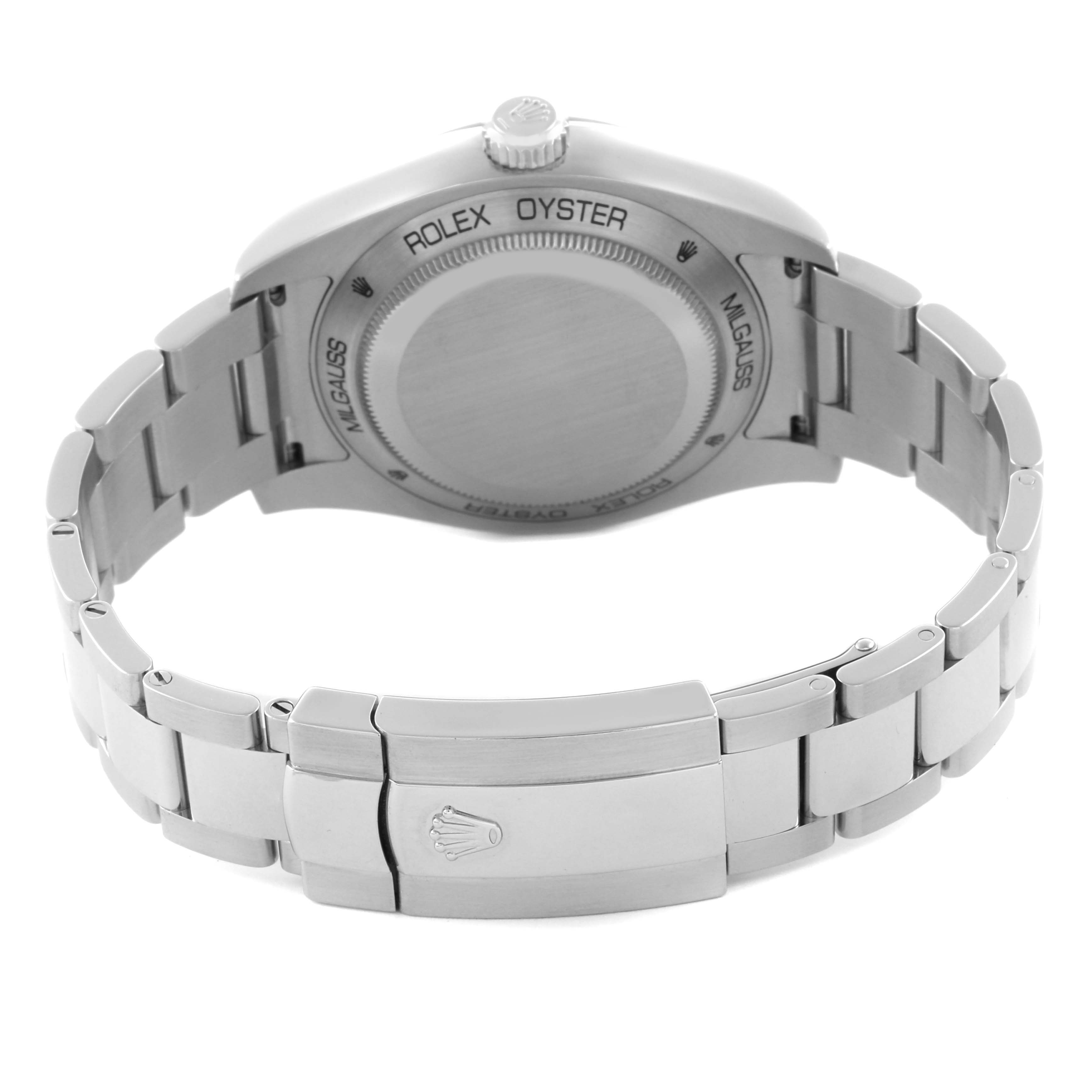 The image shows the back case and clasp of a Rolex Milgauss 116400GV Men's Stainless Steel Blue Dial 116400GV Men's Stainless Steel Blue Dial watch from a rear angle.