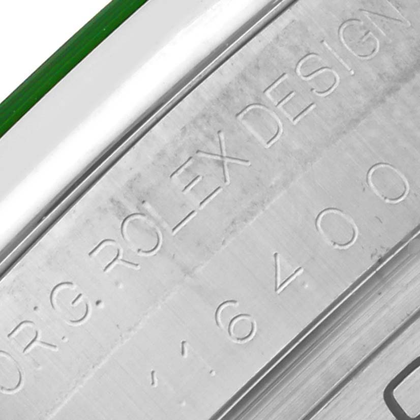 The image shows a close-up of the Rolex Milgauss 116400GV Men's Stainless Steel Blue Dial 116400GV Men's Stainless Steel Blue Dial model's inner engraving with partial model number.