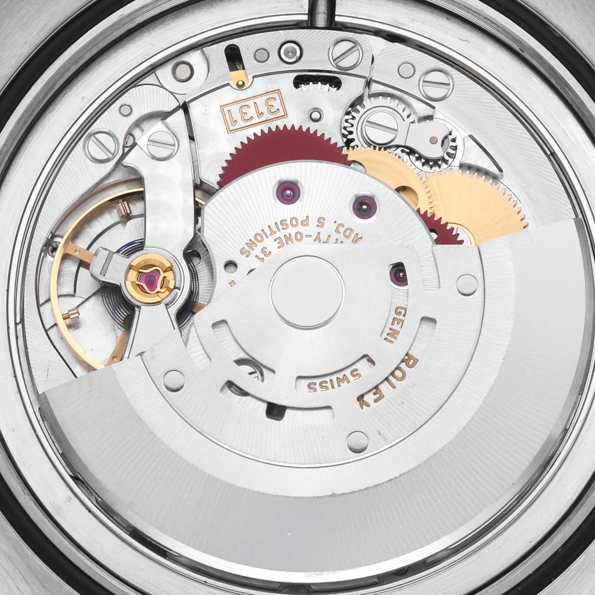 The image shows the intricate movement of a Rolex Milgauss 116400GV Men's Stainless Steel Blue Dial 116400GV Men's Stainless Steel Blue Dial watch from a top-down angle.