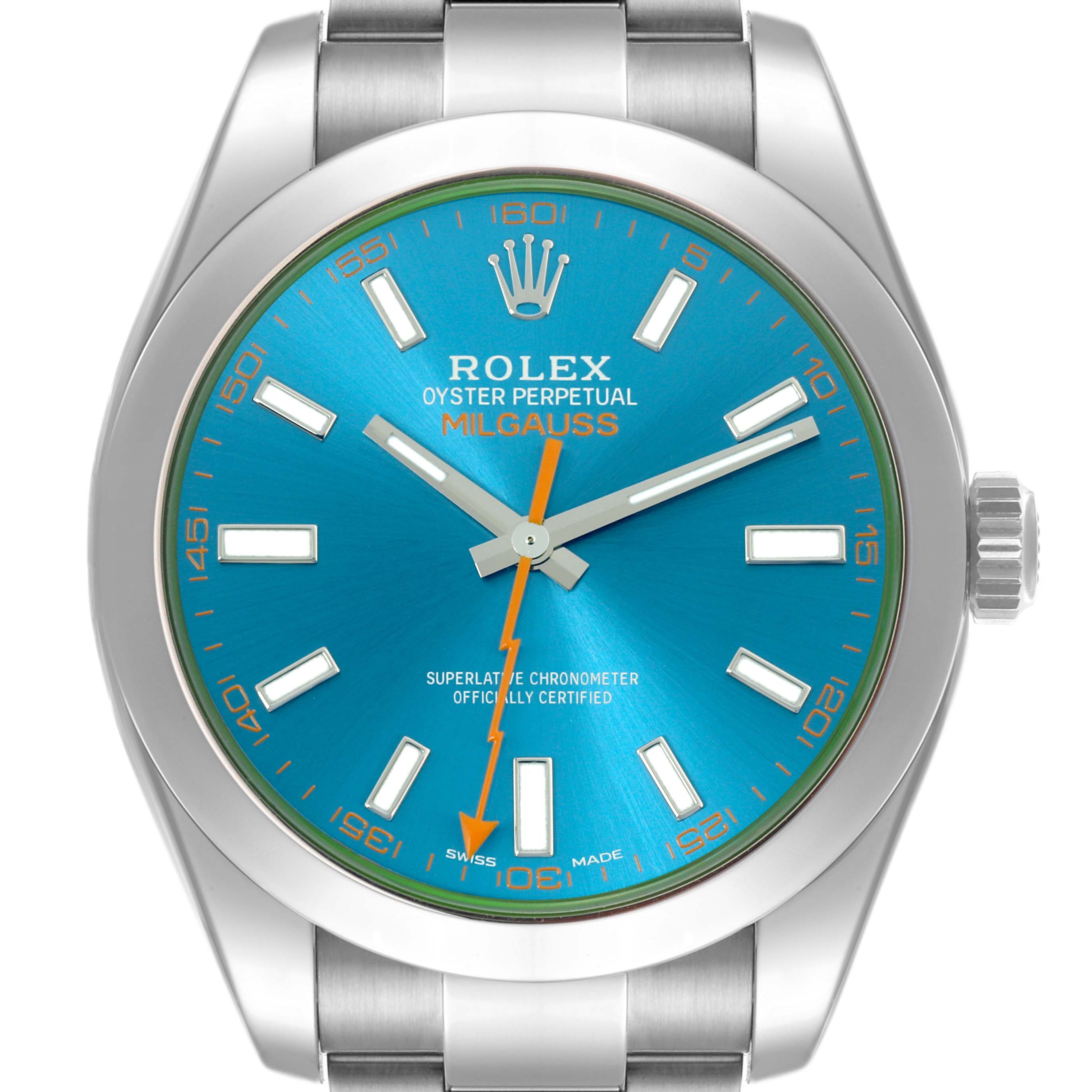 The Rolex Milgauss 116400GV Men's Stainless Steel Blue Dial 116400GV Men's Stainless Steel Blue Dial watch is shown from the front, displaying its blue dial, hour markers, and lightning bolt seconds hand.