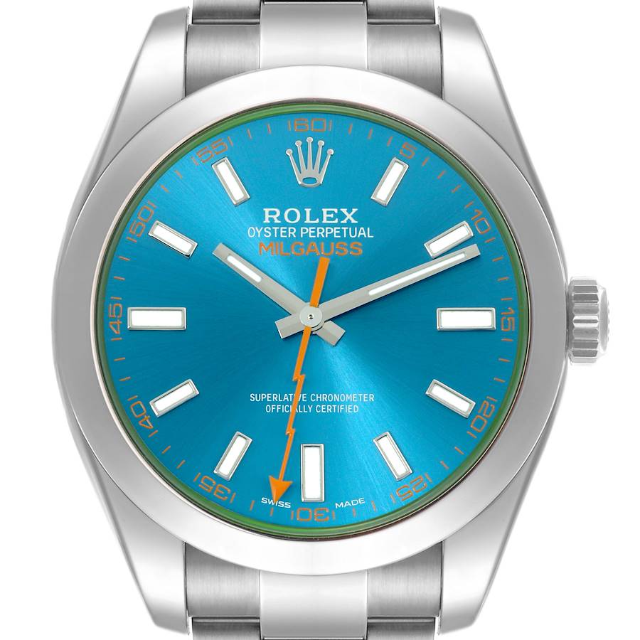 The Rolex Milgauss watch is shown from the front, displaying its blue dial, hour markers, and lightning bolt seconds hand.