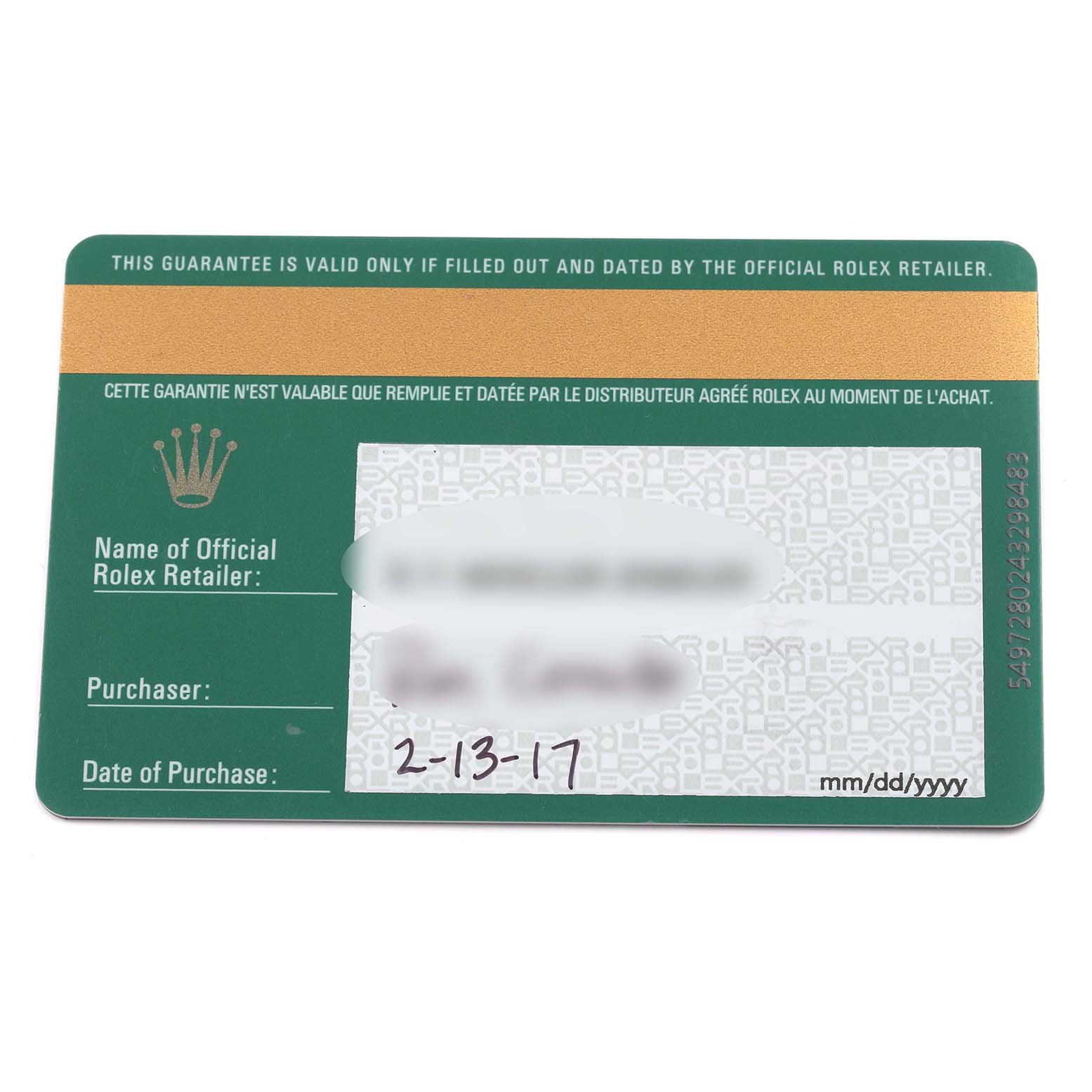 This image shows a warranty card for the Rolex Milgauss 116400GV Men's Stainless Steel Blue Dial 116400GV Men's Stainless Steel Blue Dial watch, displaying purchase details.