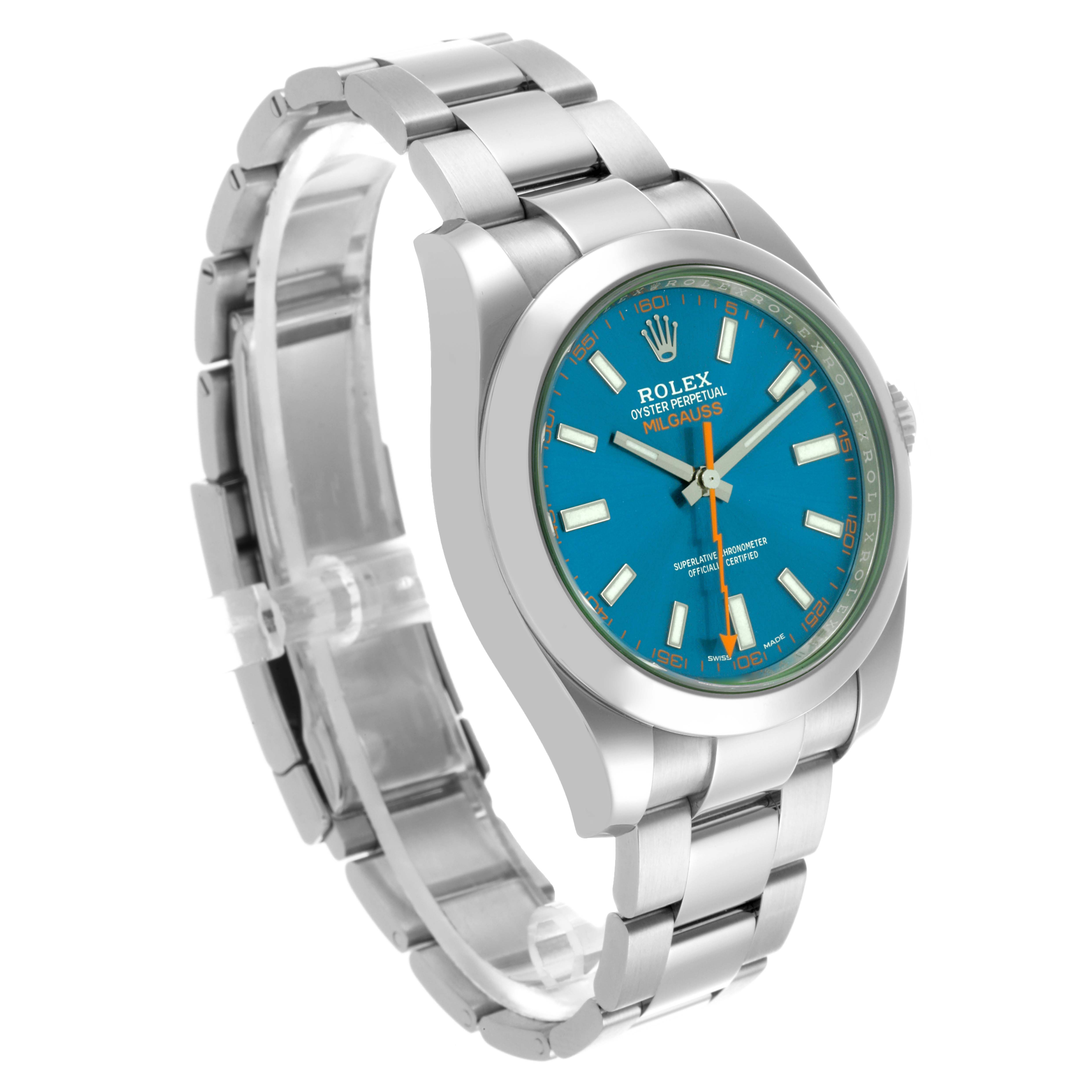The Rolex Milgauss 116400GV Men's Stainless Steel Blue Dial 116400GV Men's Stainless Steel Blue Dial watch is shown at a slightly tilted angle, highlighting the face and part of the bracelet.