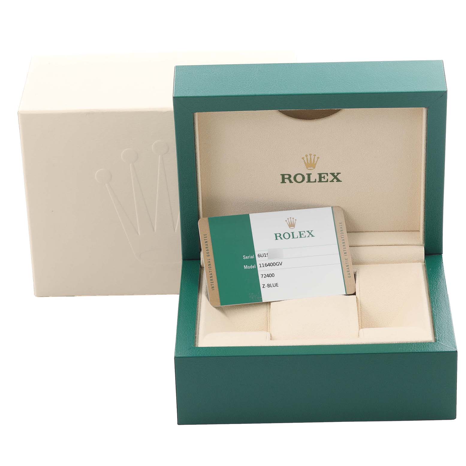 The image shows the open box of a Rolex Milgauss 116400GV Men's Stainless Steel Blue Dial 116400GV Men's Stainless Steel Blue Dial watch with its warranty card, viewed from the front.