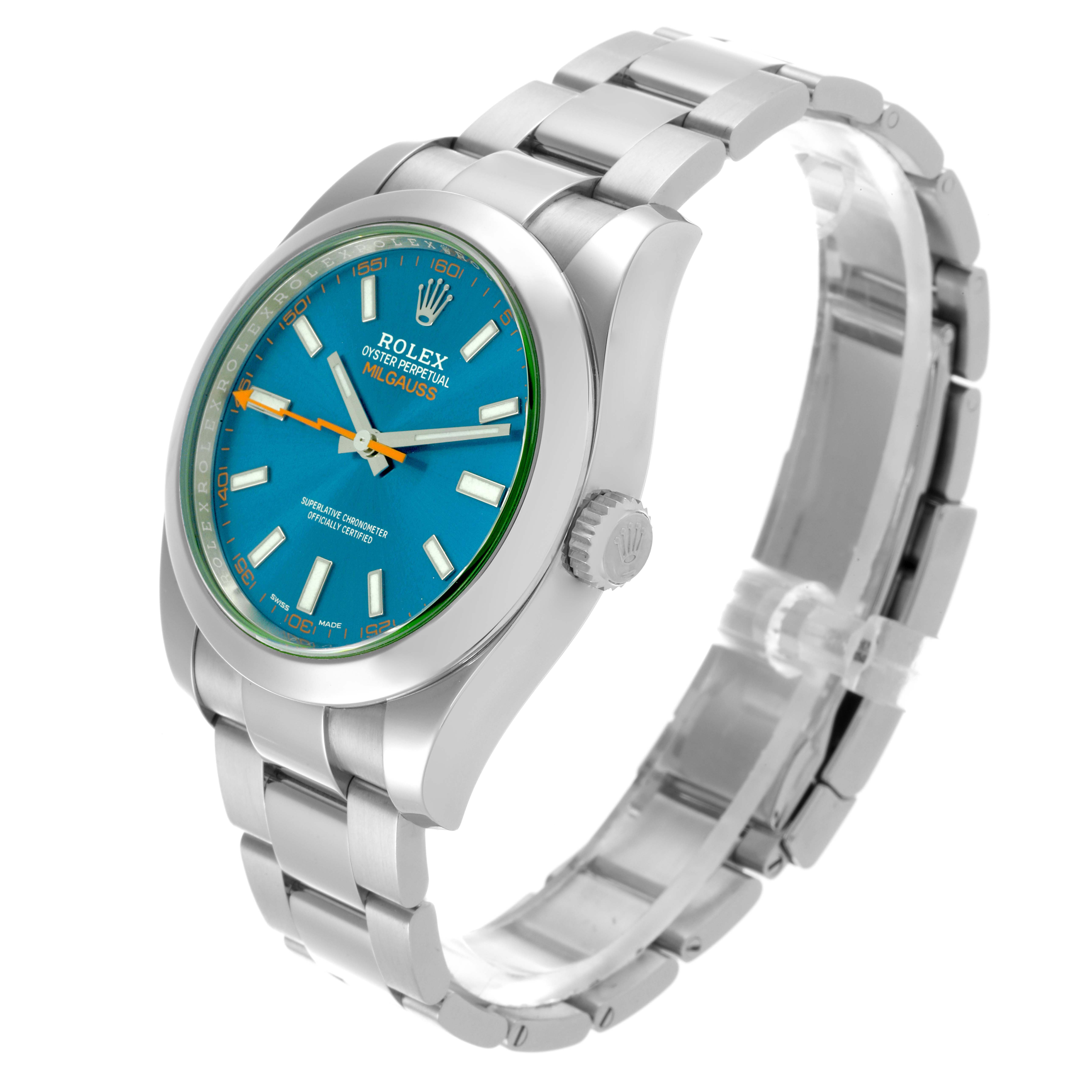 The Rolex Milgauss 116400GV Men's Stainless Steel Blue Dial 116400GV Men's Stainless Steel Blue Dial watch is shown at a slight angle, displaying the face, bracelet, and crown.