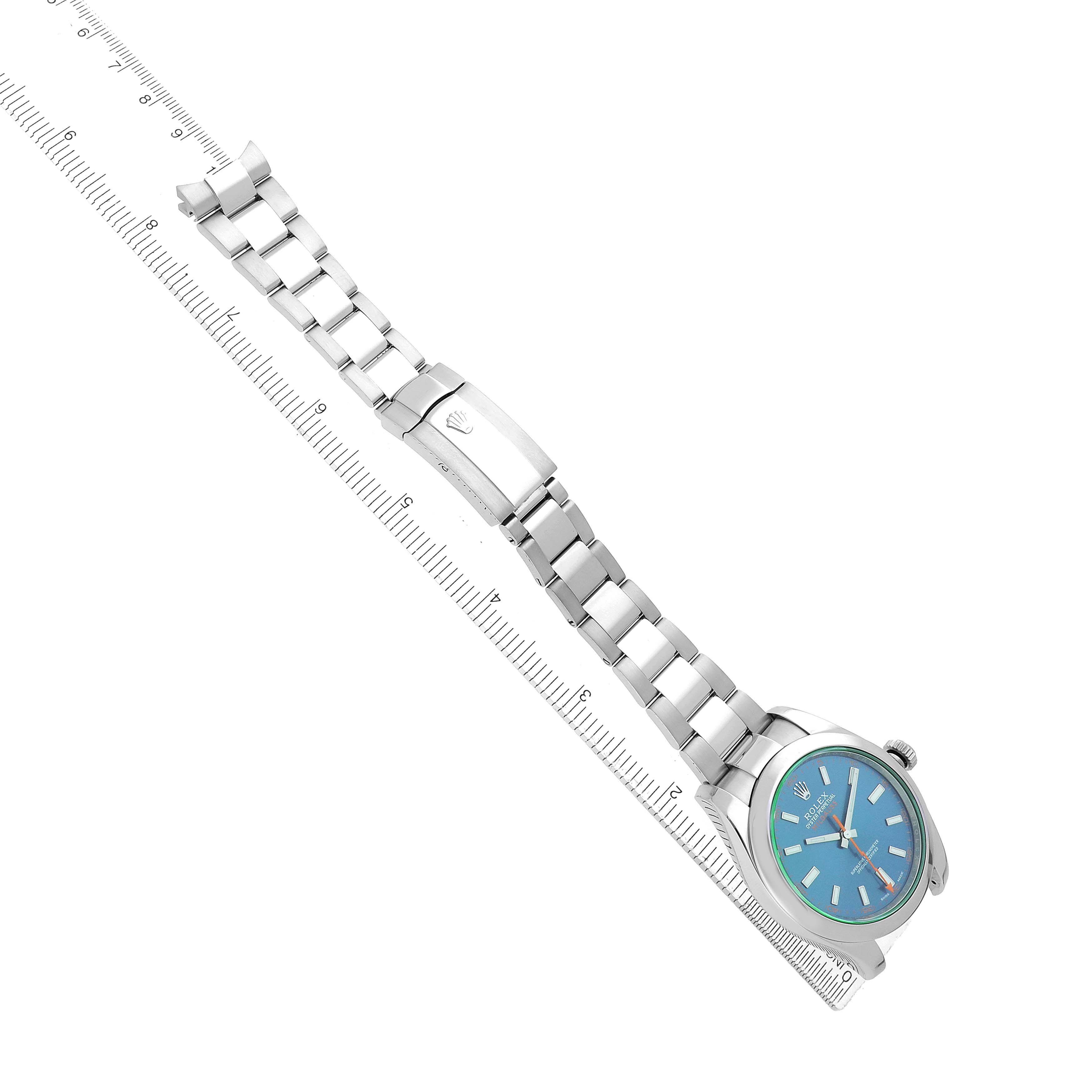 The Rolex Milgauss 116400GV Men's Stainless Steel Blue Dial watch is shown from a top-down angle, highlighting its full bracelet and case.