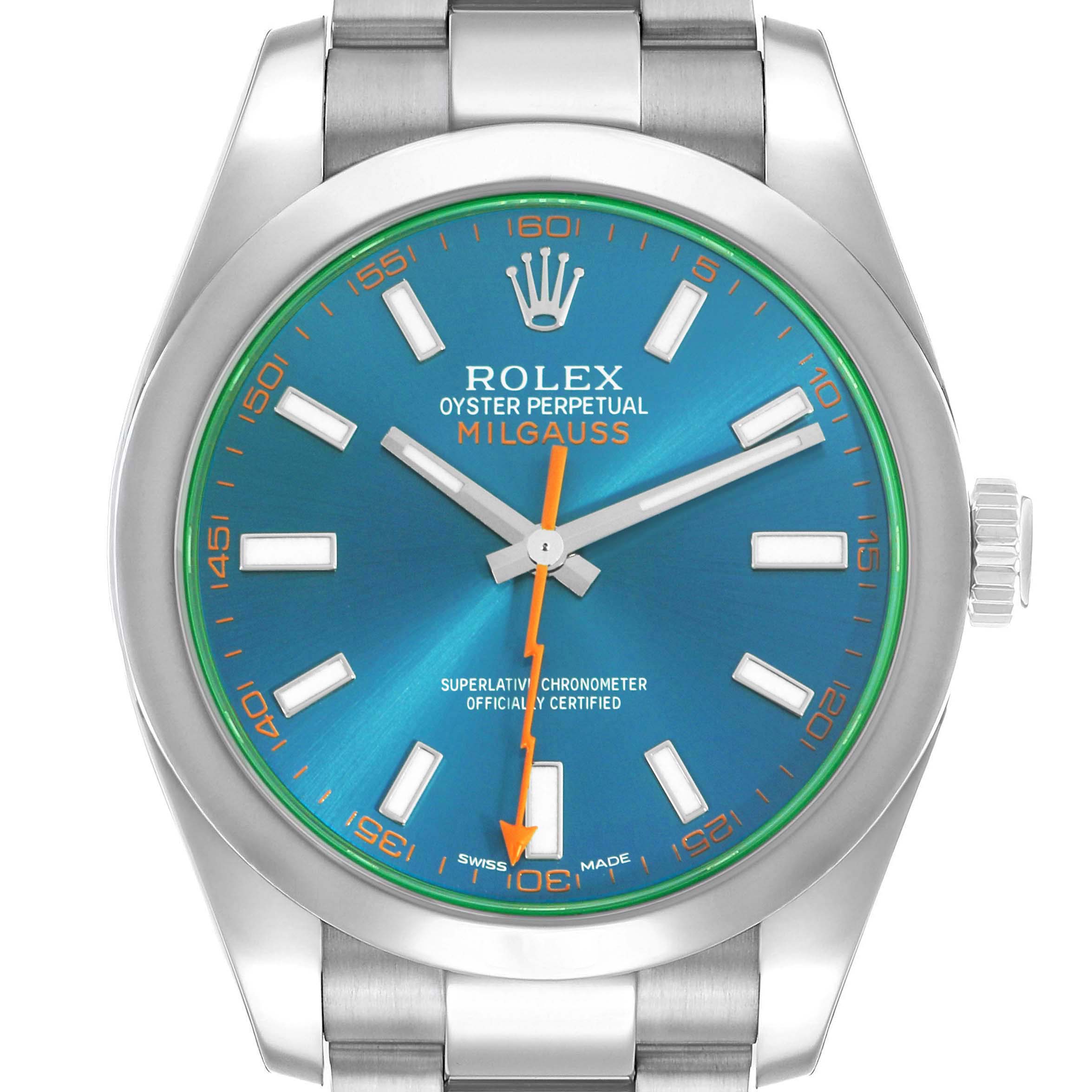 The Rolex Milgauss 116400GV Men's Stainless Steel Blue Dial watch is shown from a front angle, highlighting its turquoise dial, hour markers, and orange lightning bolt second hand.