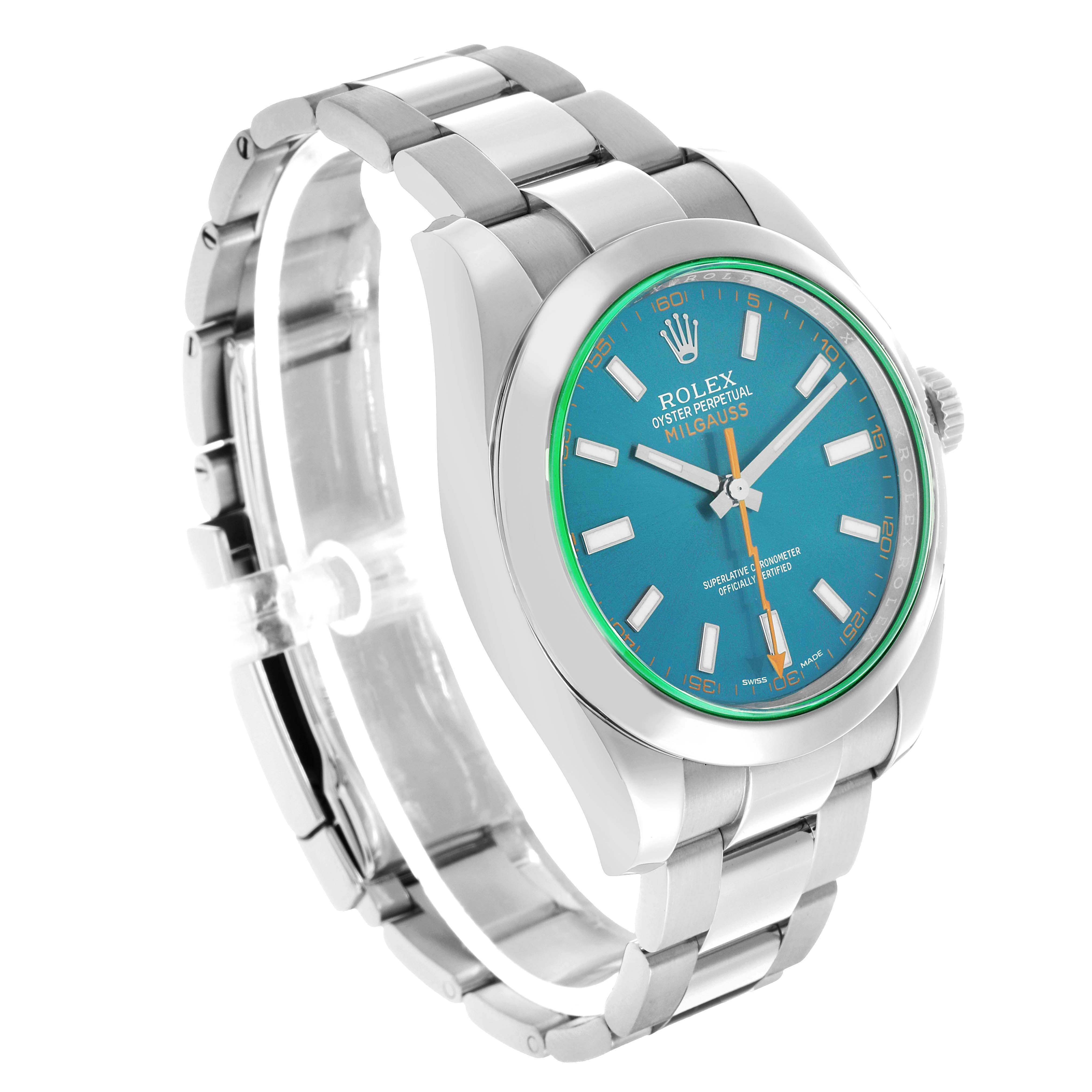 The Rolex Milgauss 116400GV Men's Stainless Steel Blue Dial watch is shown at a three-quarter angle, displaying the dial, bezel, and stainless steel bracelet.