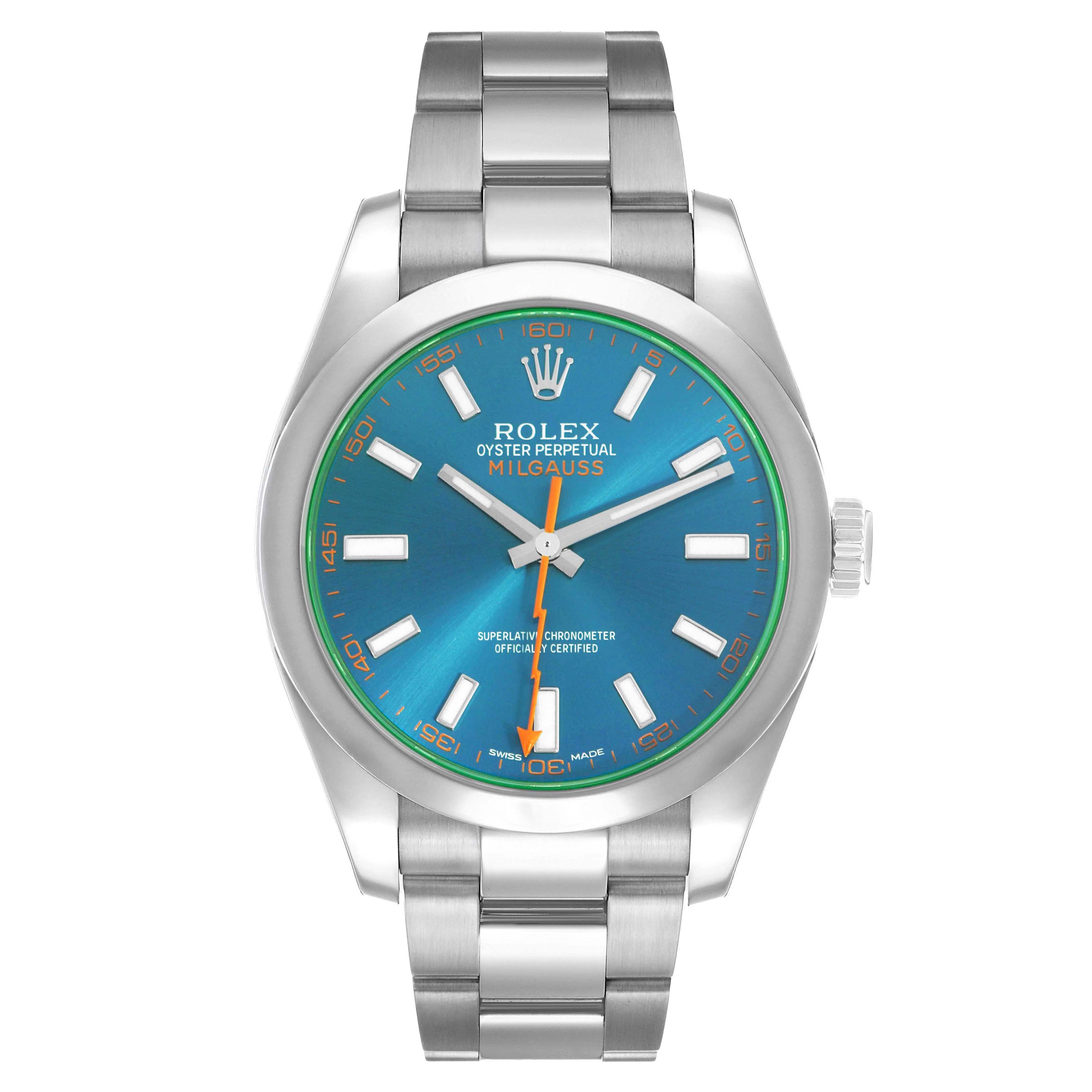 The Rolex Milgauss 116400GV Men's Stainless Steel Blue Dial watch is shown from a front view, highlighting its blue dial, orange lightning bolt second hand, and stainless steel bracelet.