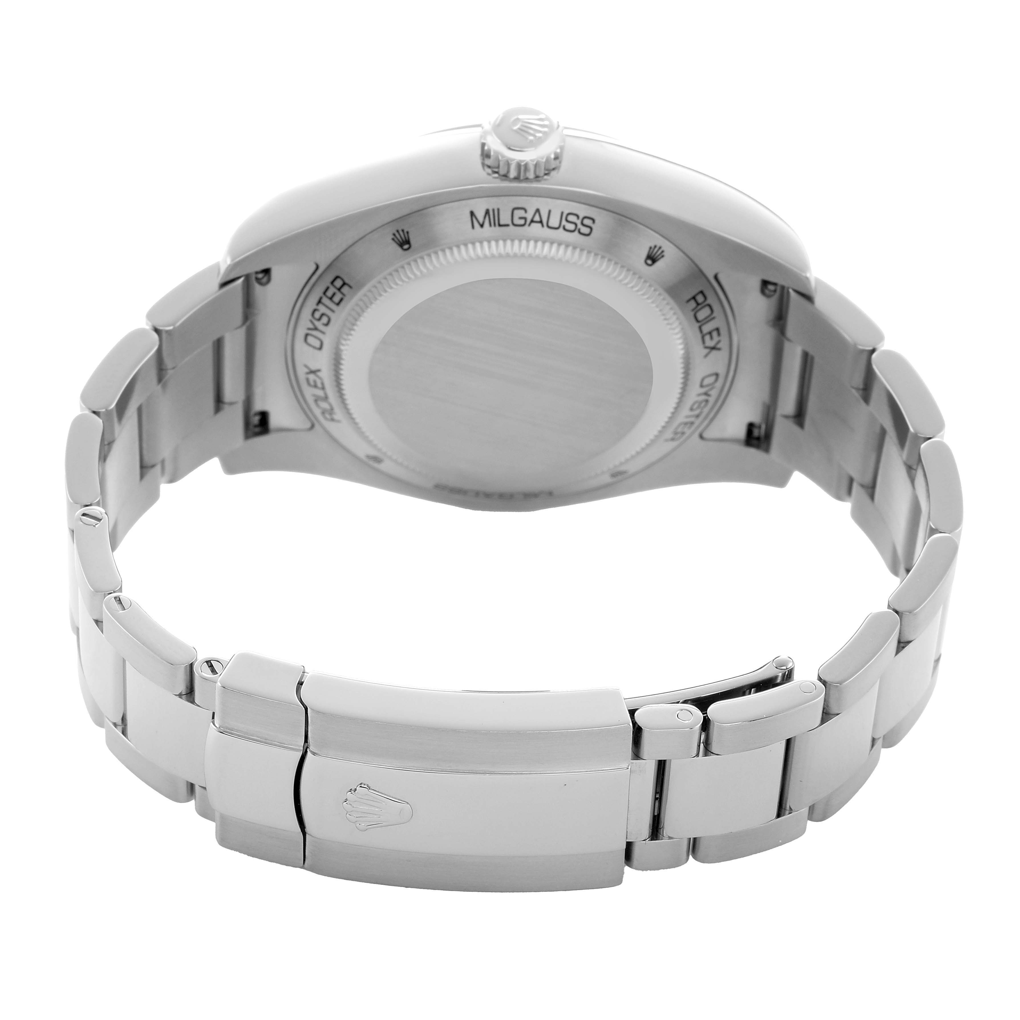 The Rolex Milgauss 116400GV Men's Stainless Steel Blue Dial is shown from the back, highlighting the case back, crown, and bracelet with clasp.