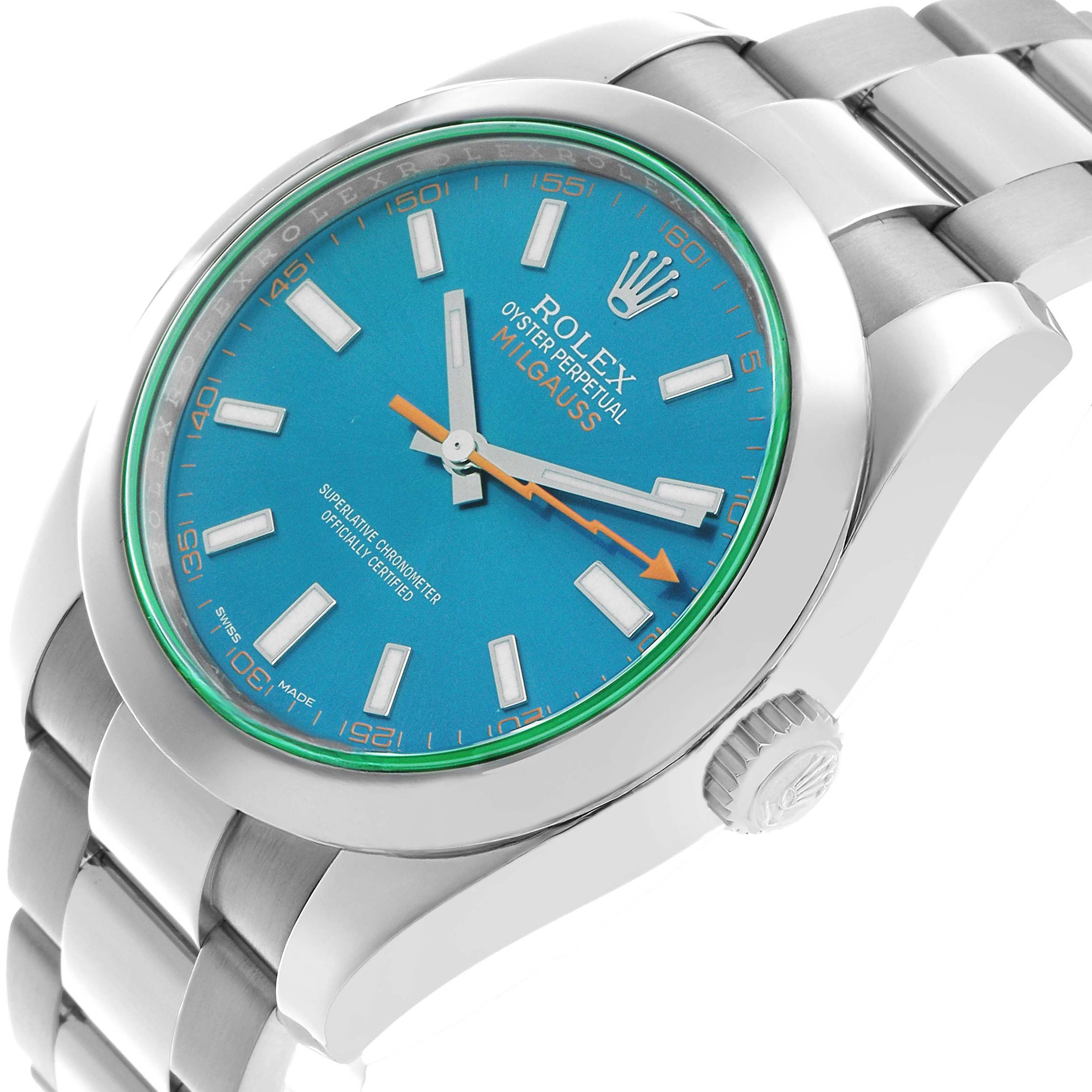The Rolex Milgauss 116400GV Men's Stainless Steel Blue Dial watch is shown at a slight angle, showcasing the blue dial, markers, crown, and part of the bracelet.