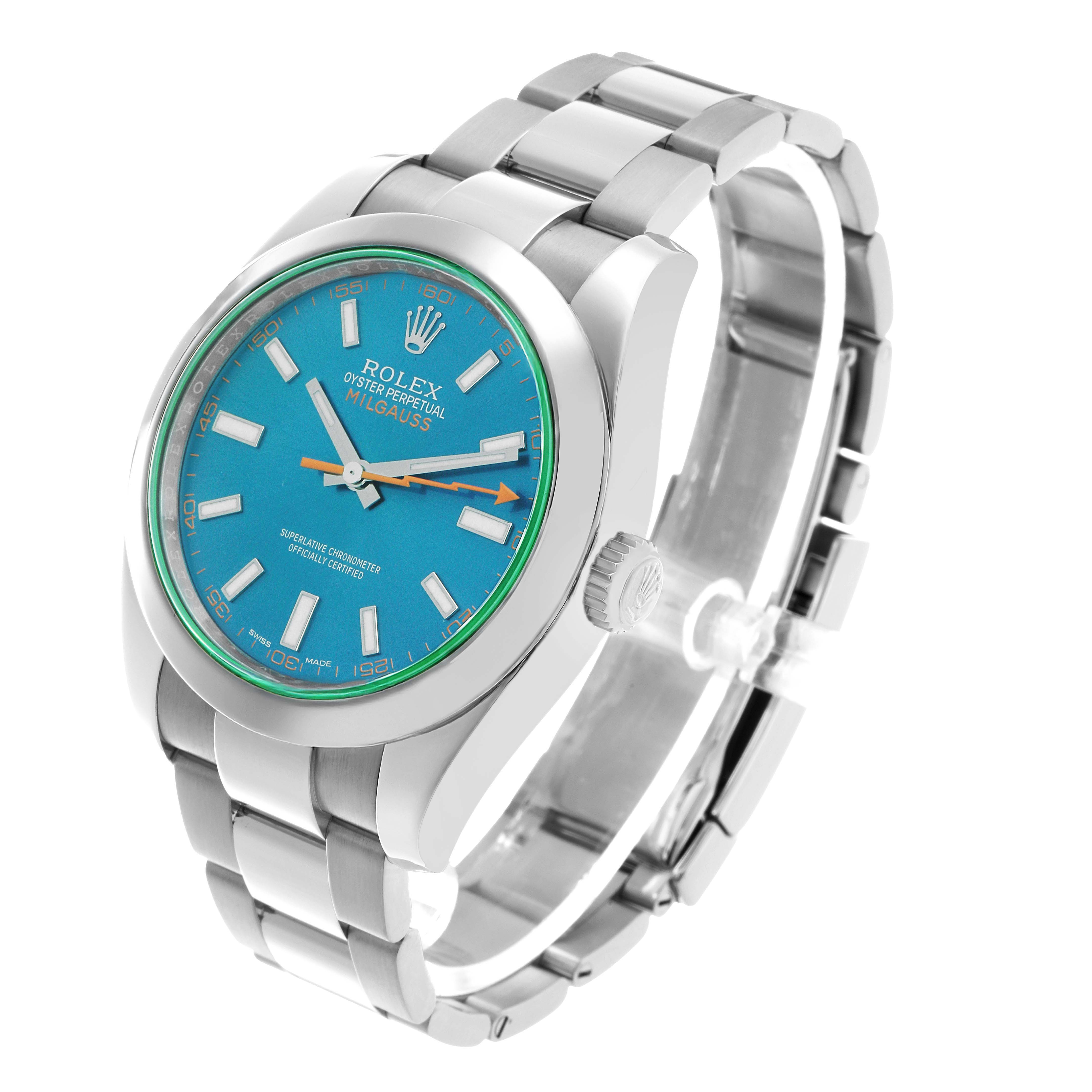 The Rolex Milgauss 116400GV Men's Stainless Steel Blue Dial watch is shown at an angle highlighting the dial, bezel, crown, and bracelet.