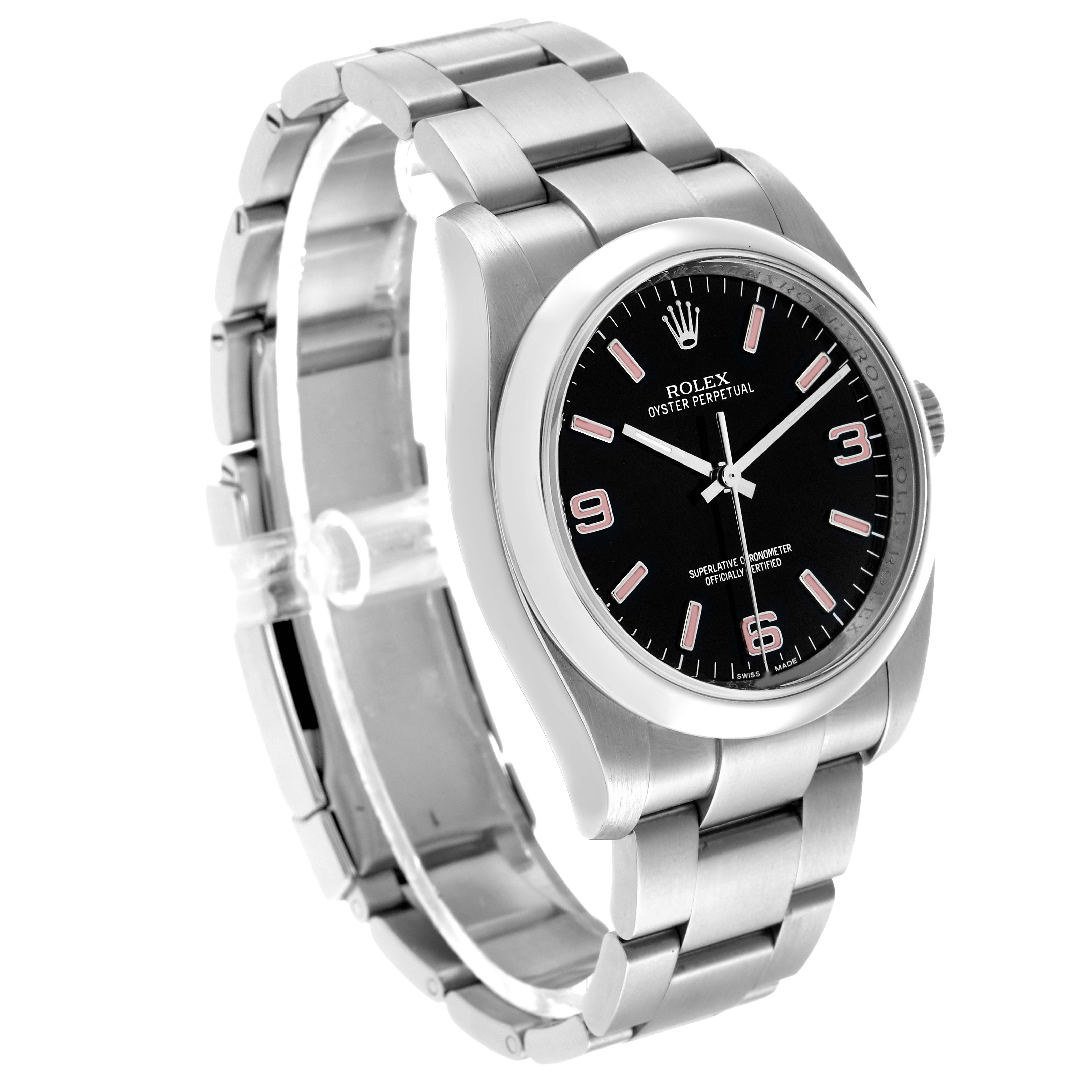 The Rolex Oyster Perpetual 116000 Men's Stainless Steel Black Dial watch is shown at a three-quarter angle, highlighting the bracelet, case, and black dial details.